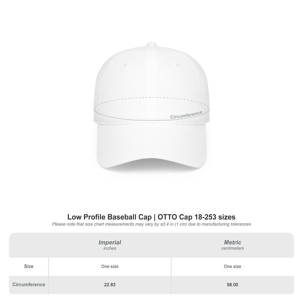 Low-Profile Baseball Cap size chart — one size, 22.83 in / 58 cm circumference