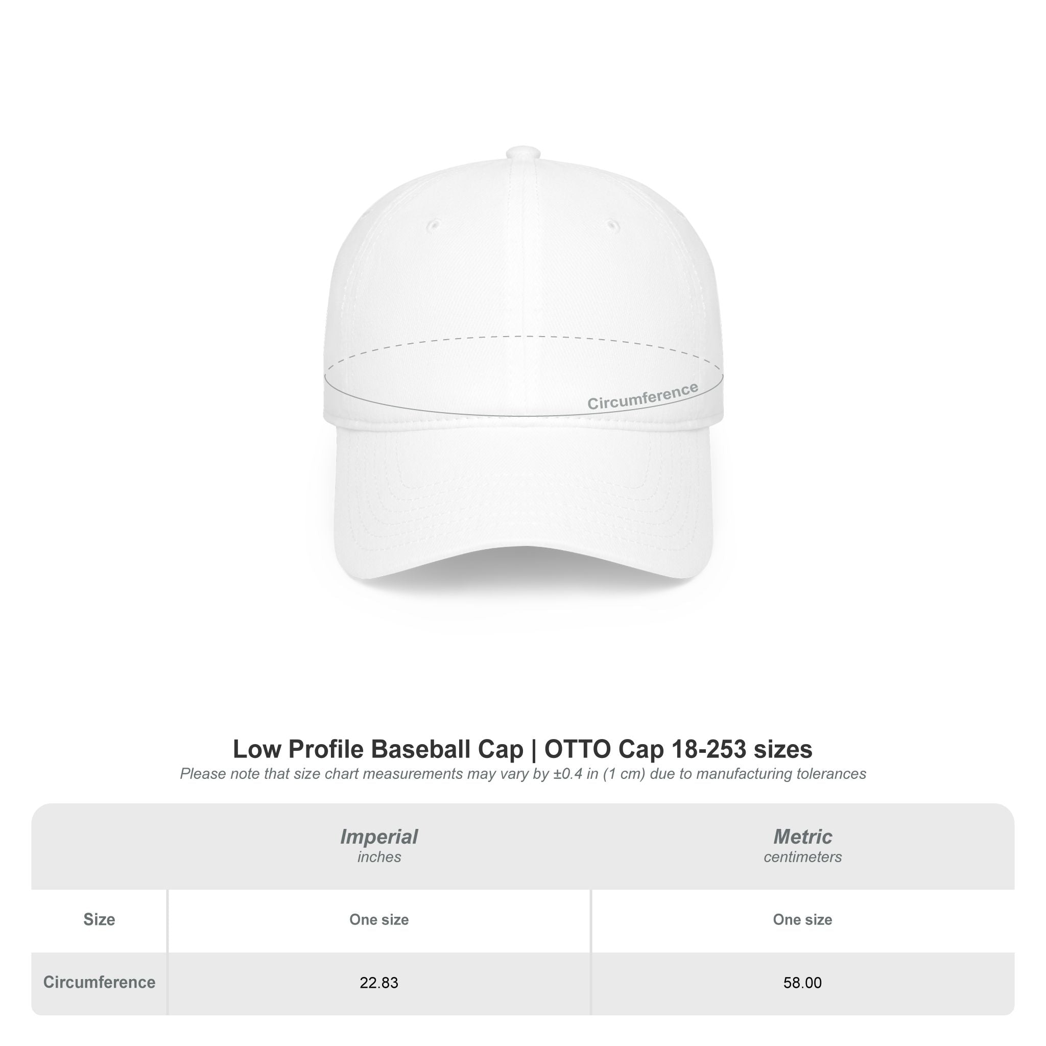 Low-Profile Baseball Cap size chart — one size, 22.83 in / 58 cm circumference