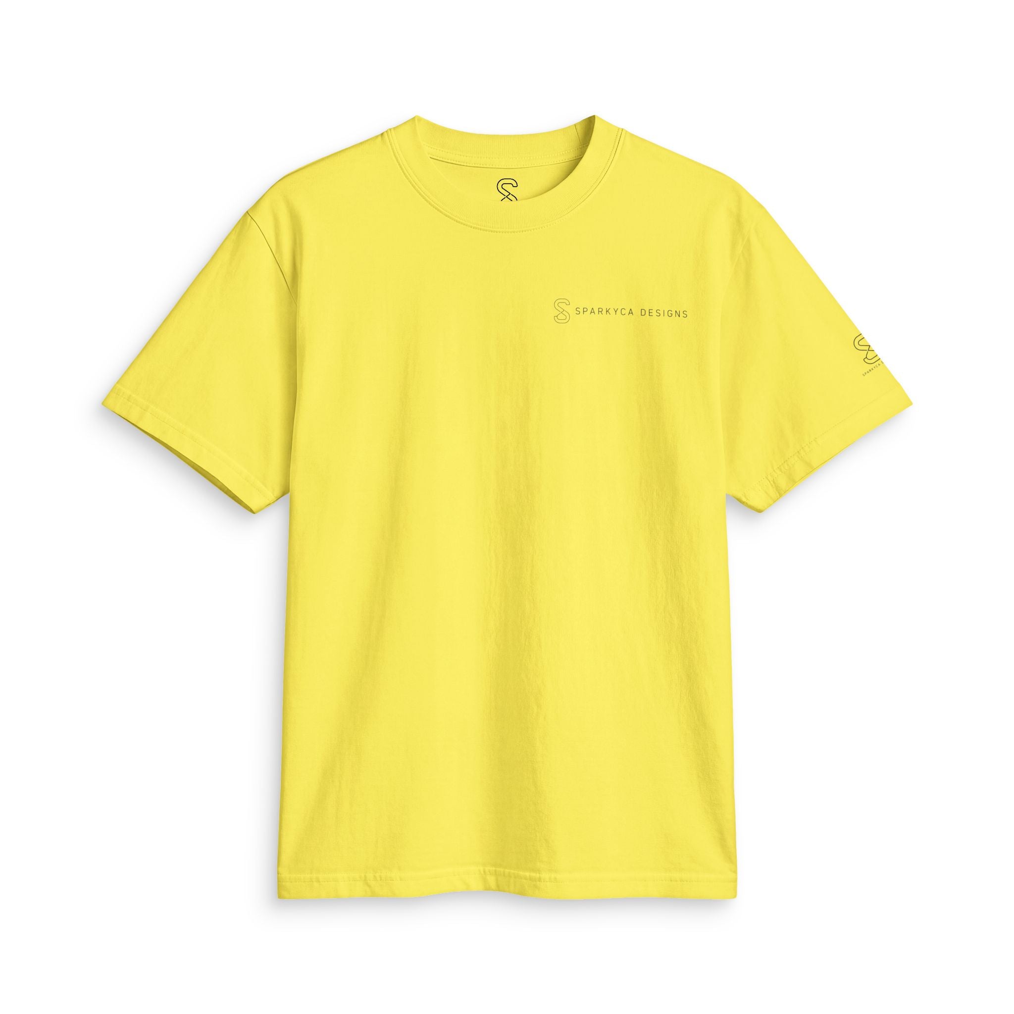 Bright yellow SparkyCA Designs active tee, flat lay front view