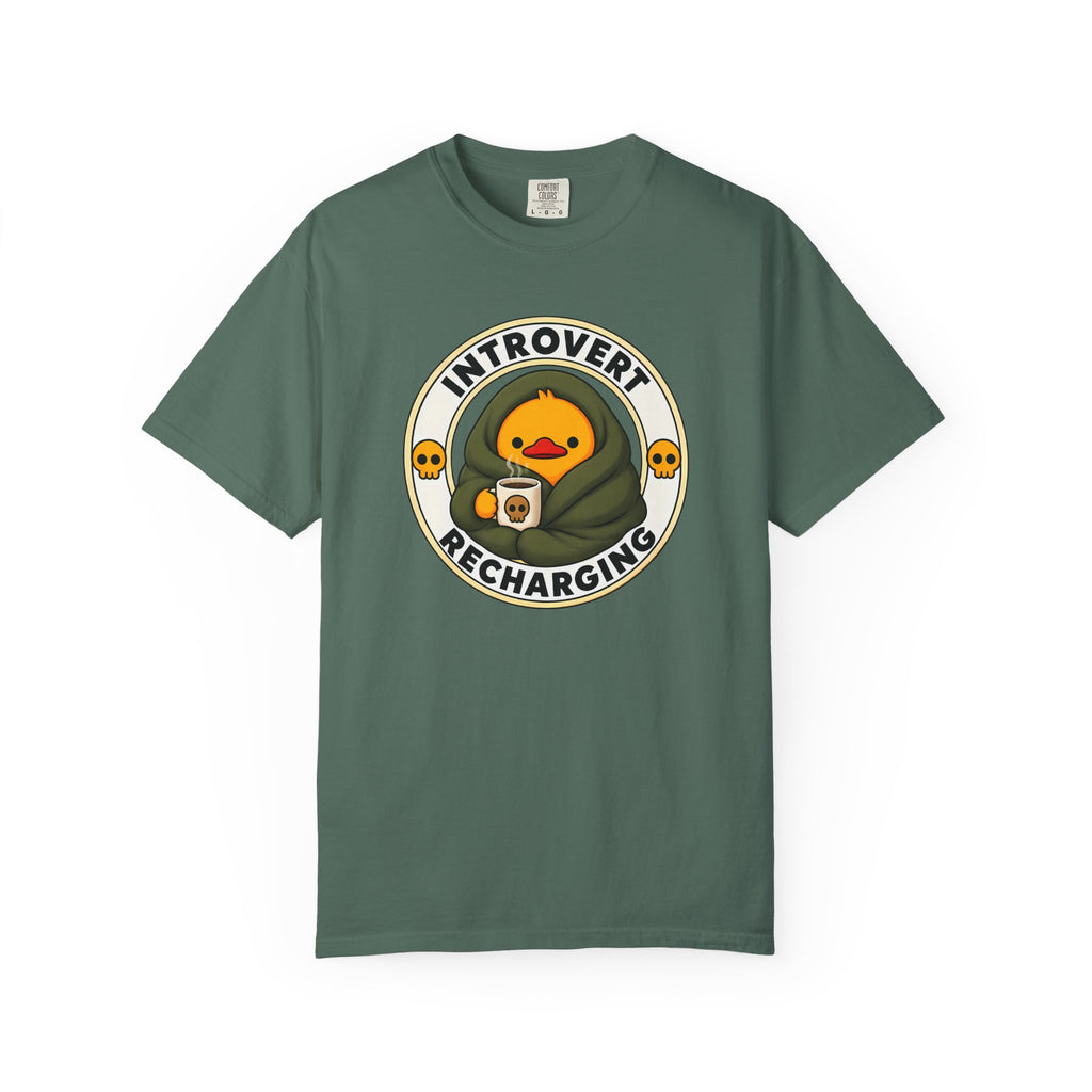 Introvert Duck Tee in Blue Spruce — front flat lay with graphic print