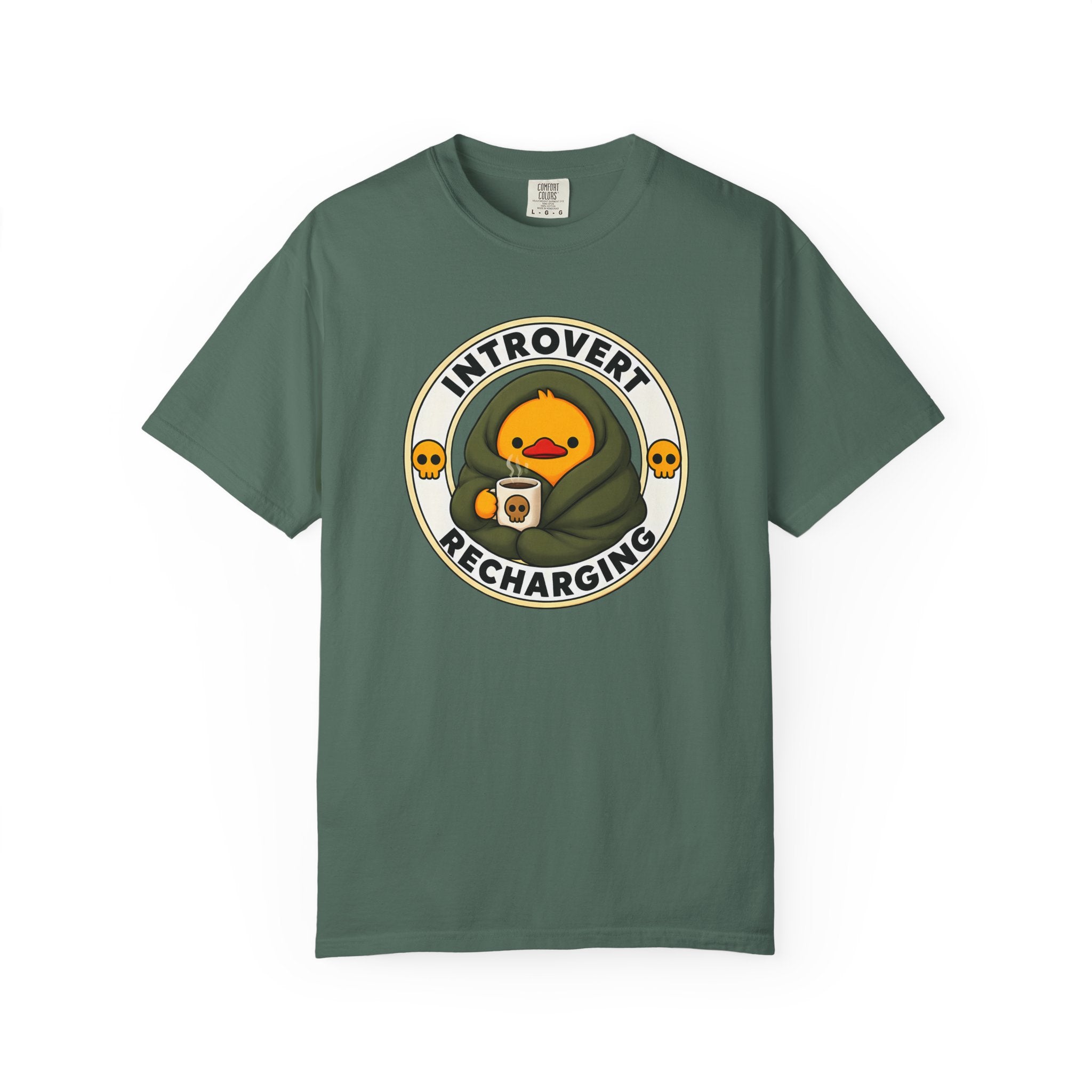 Introvert Duck Tee in Blue Spruce — front flat lay with graphic print
