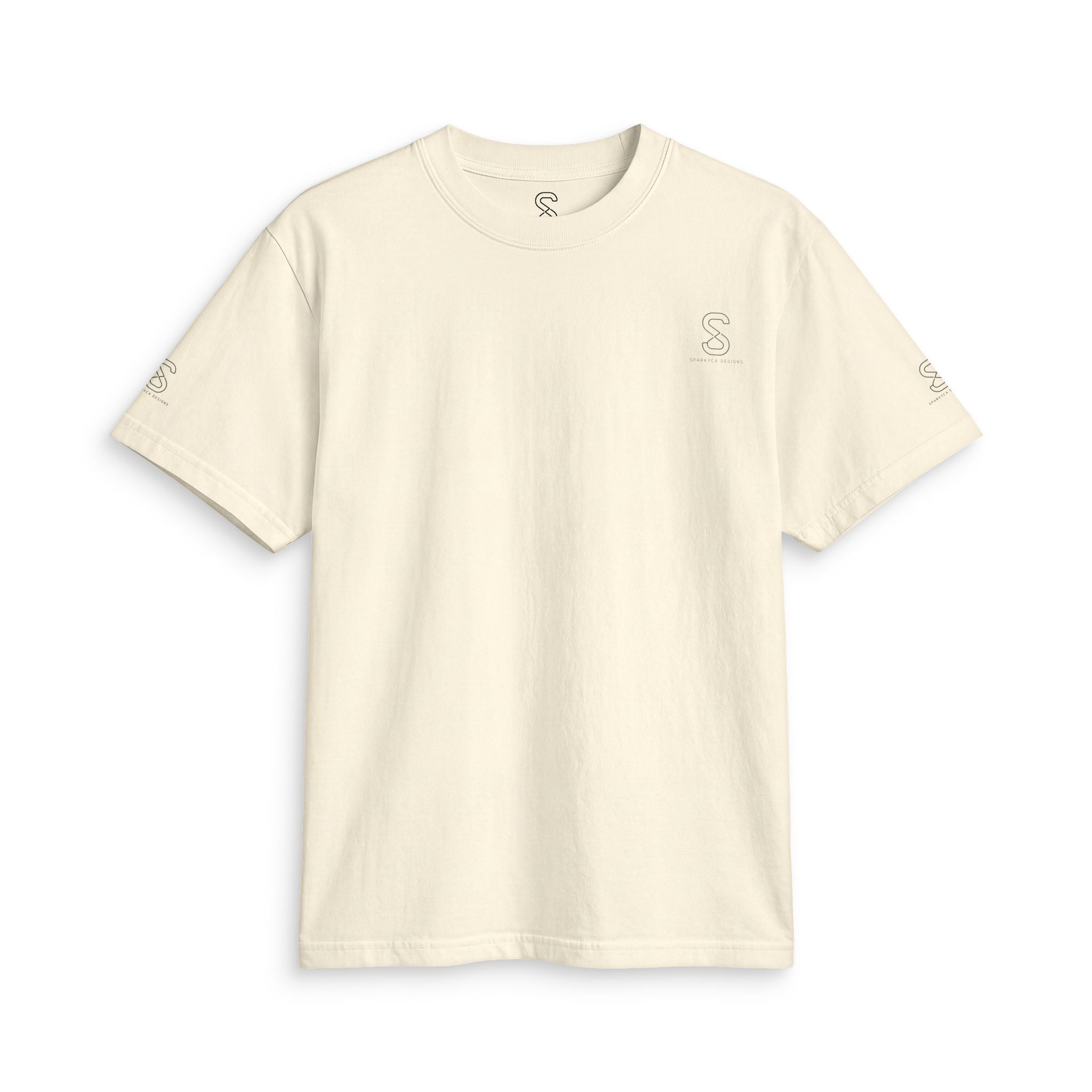SparkyCA Logo Tee in Blonde — front flat lay with chest logo and matching sleeve print