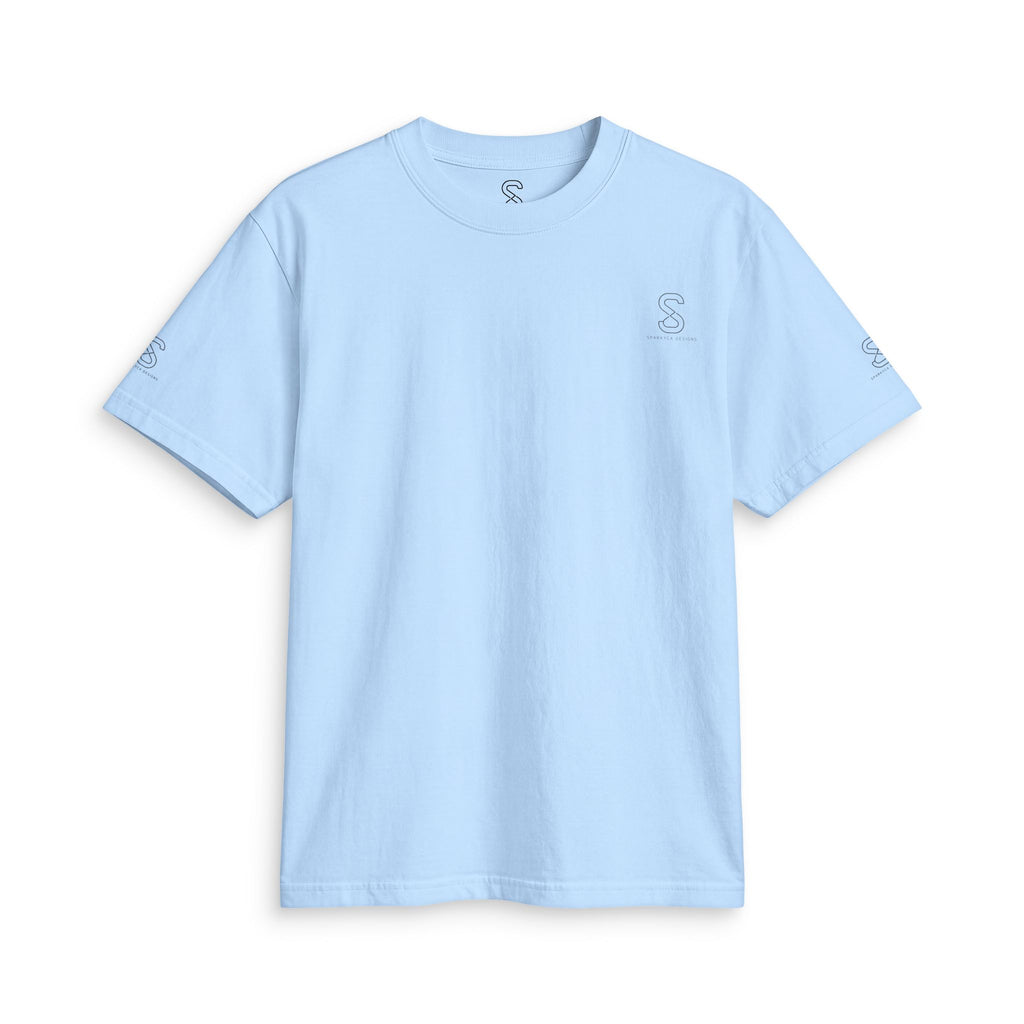 SparkyCA Logo Tee in Sky Blue — front flat lay with chest logo and matching sleeve print