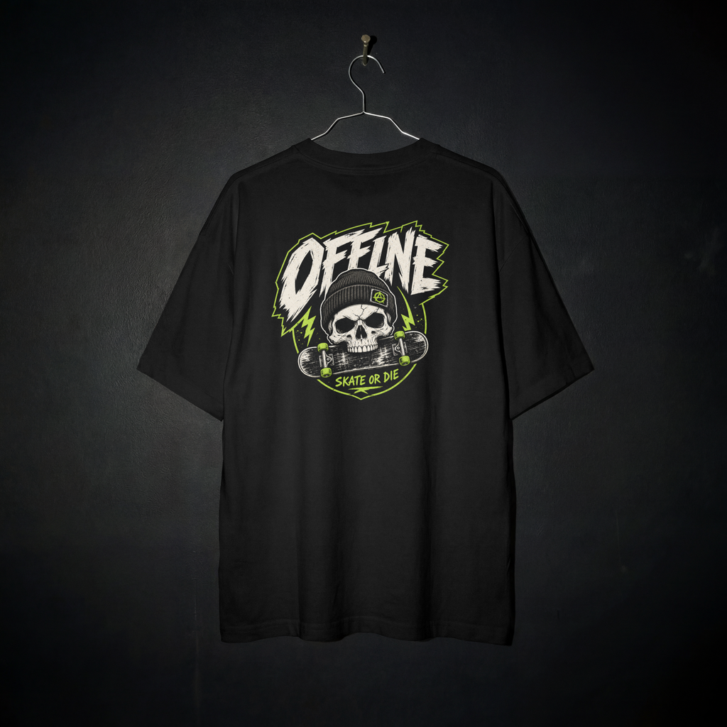 Black Offline Skate or Die graphic tee on a hanger, showing the matching skull-and-skateboard print on the back.