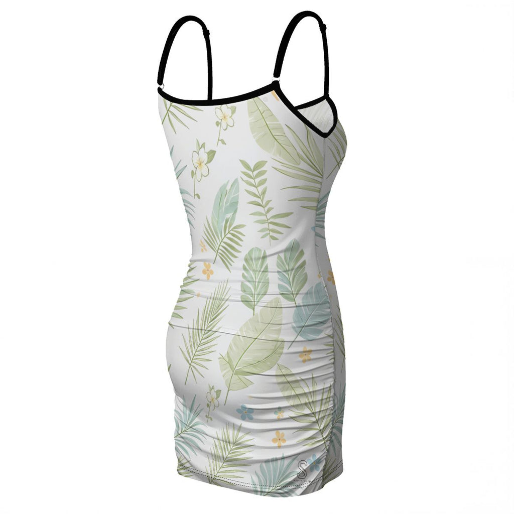 White tropical leaf print dress with black trim straps, back angled product view