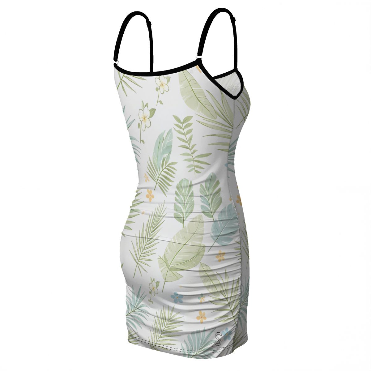 White tropical leaf print dress with black trim straps, back angled product view