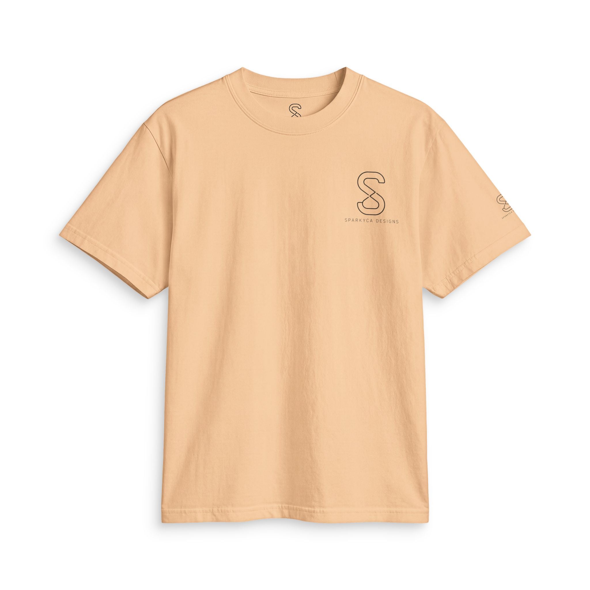 SparkyCA Designs Classic Crewneck Tee in Khaki — front flat lay with chest logo