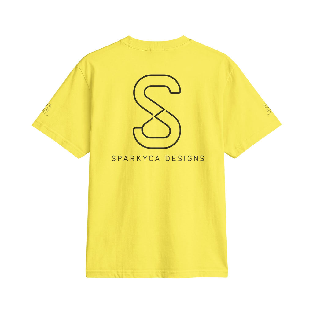 SparkyCA Logo Tee in Yellow — back view showing the large SparkyCA Designs S logo print