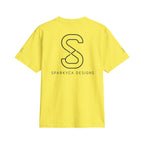 SparkyCA Logo Tee in Yellow — back view showing the large SparkyCA Designs S logo print