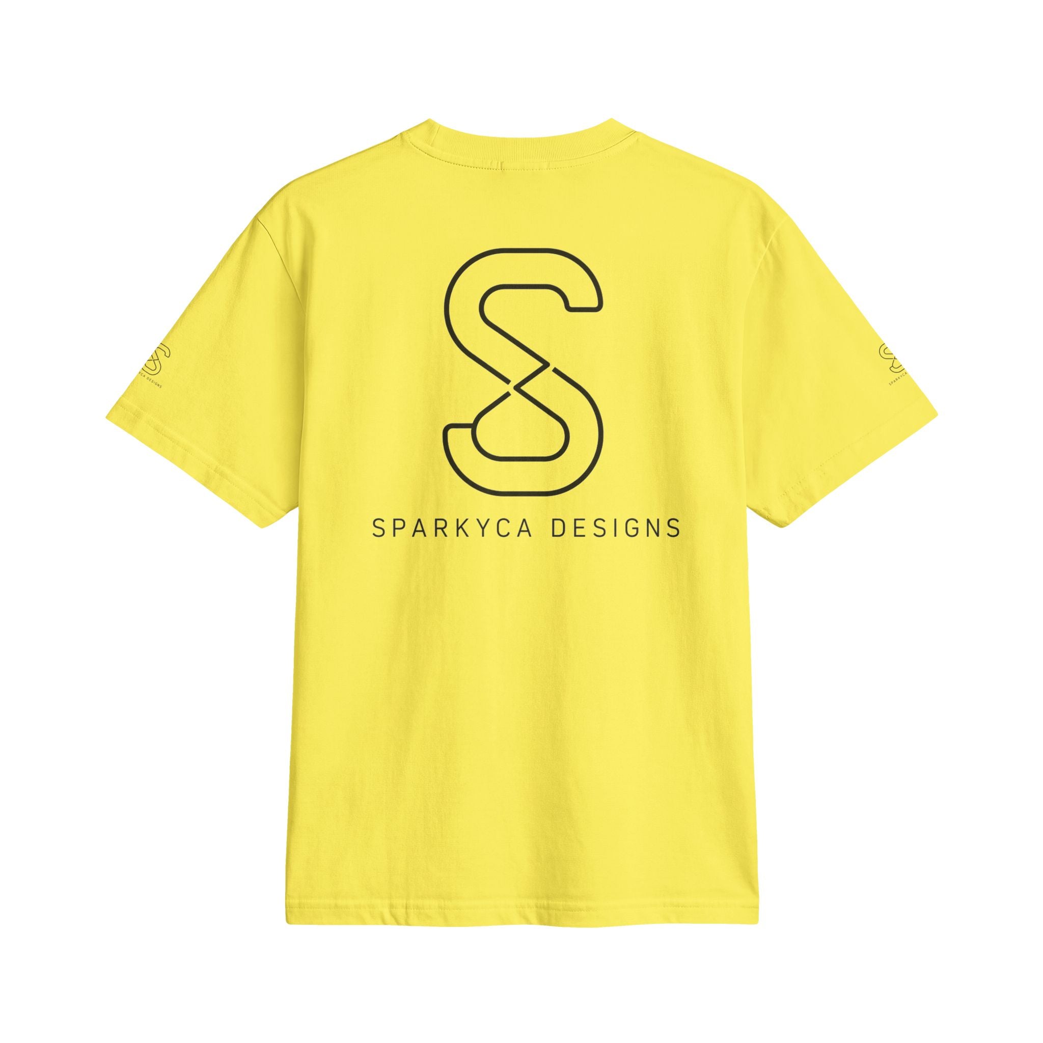 SparkyCA Logo Tee in Yellow — back view showing the large SparkyCA Designs S logo print