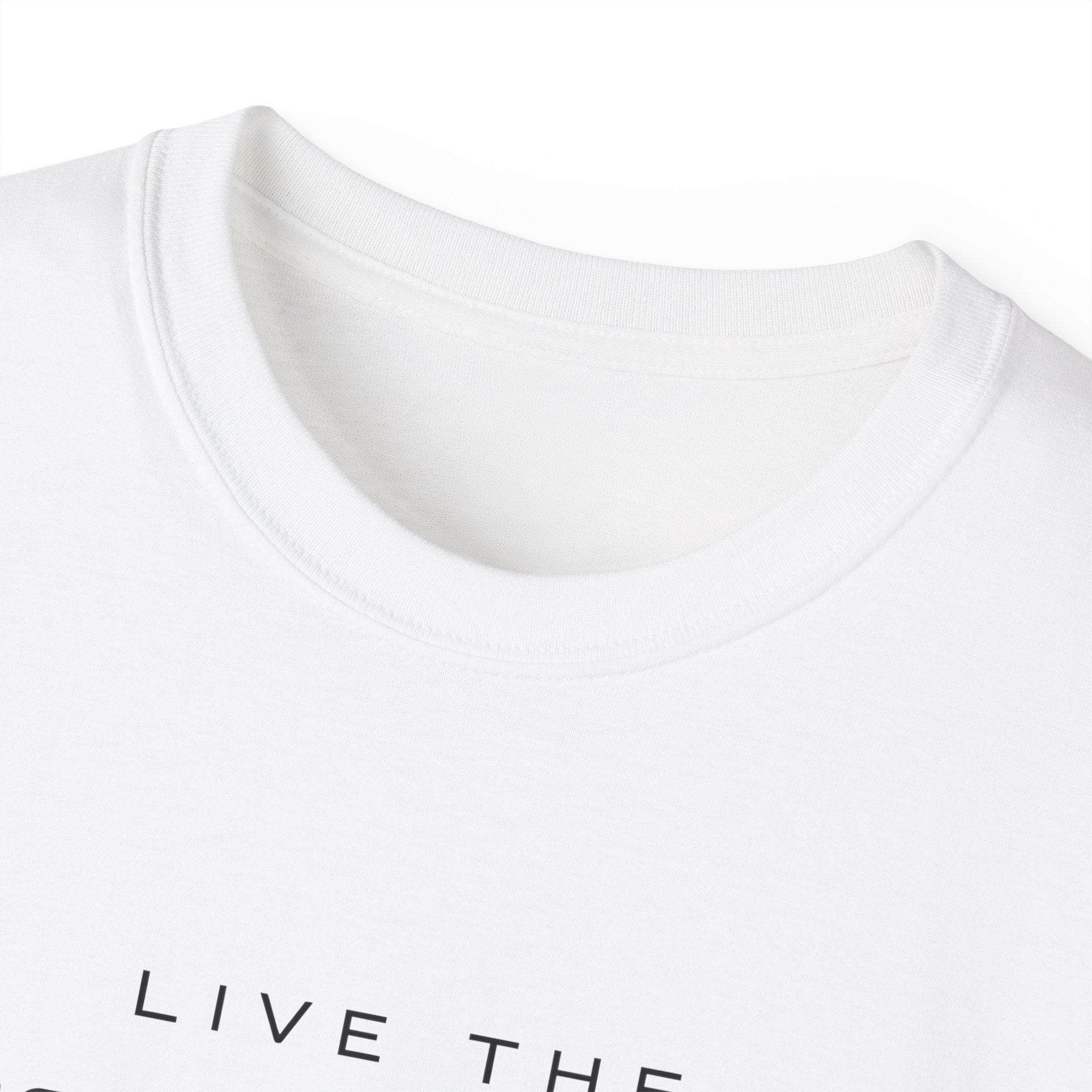 Live the Sea-Doo Life Tee in White — close-up of collar and top of graphic print