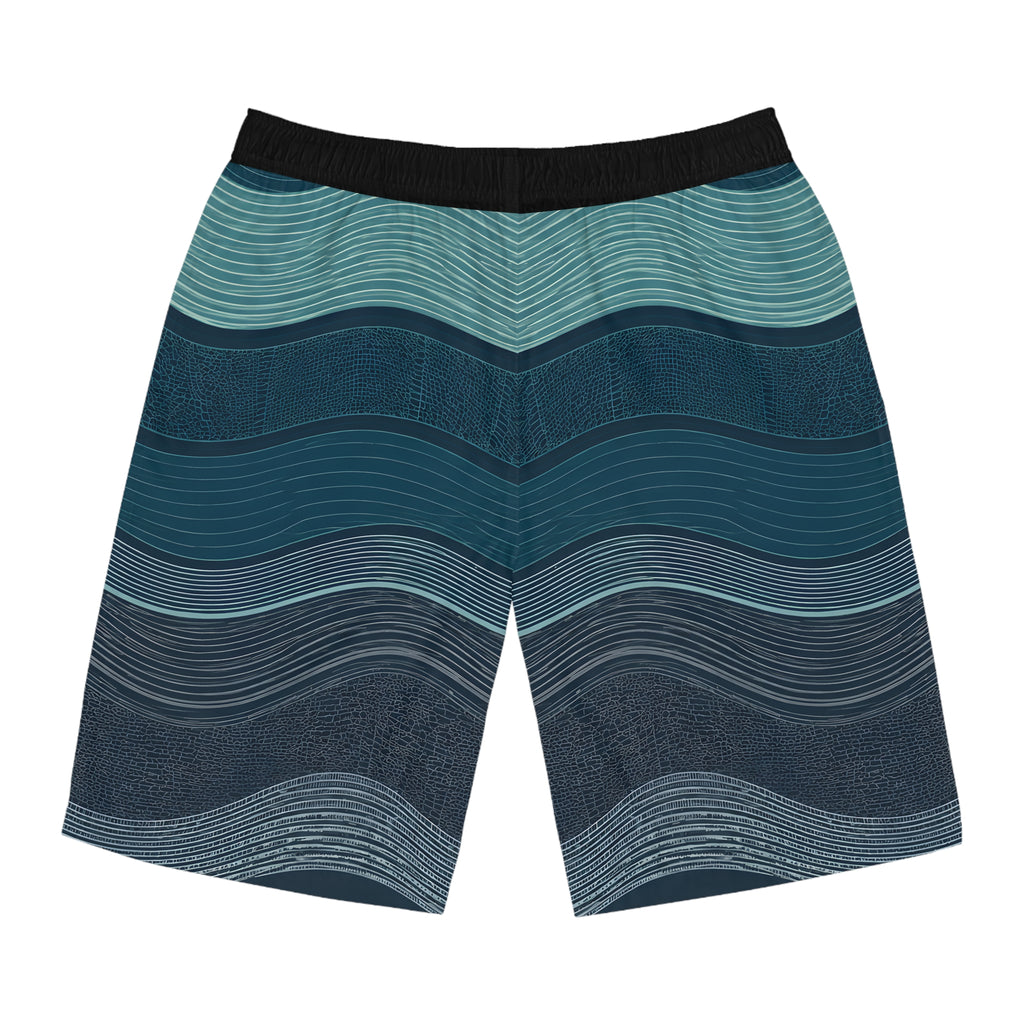 SparkyCA wave-print board shorts, flat lay view showing the layered teal wave pattern