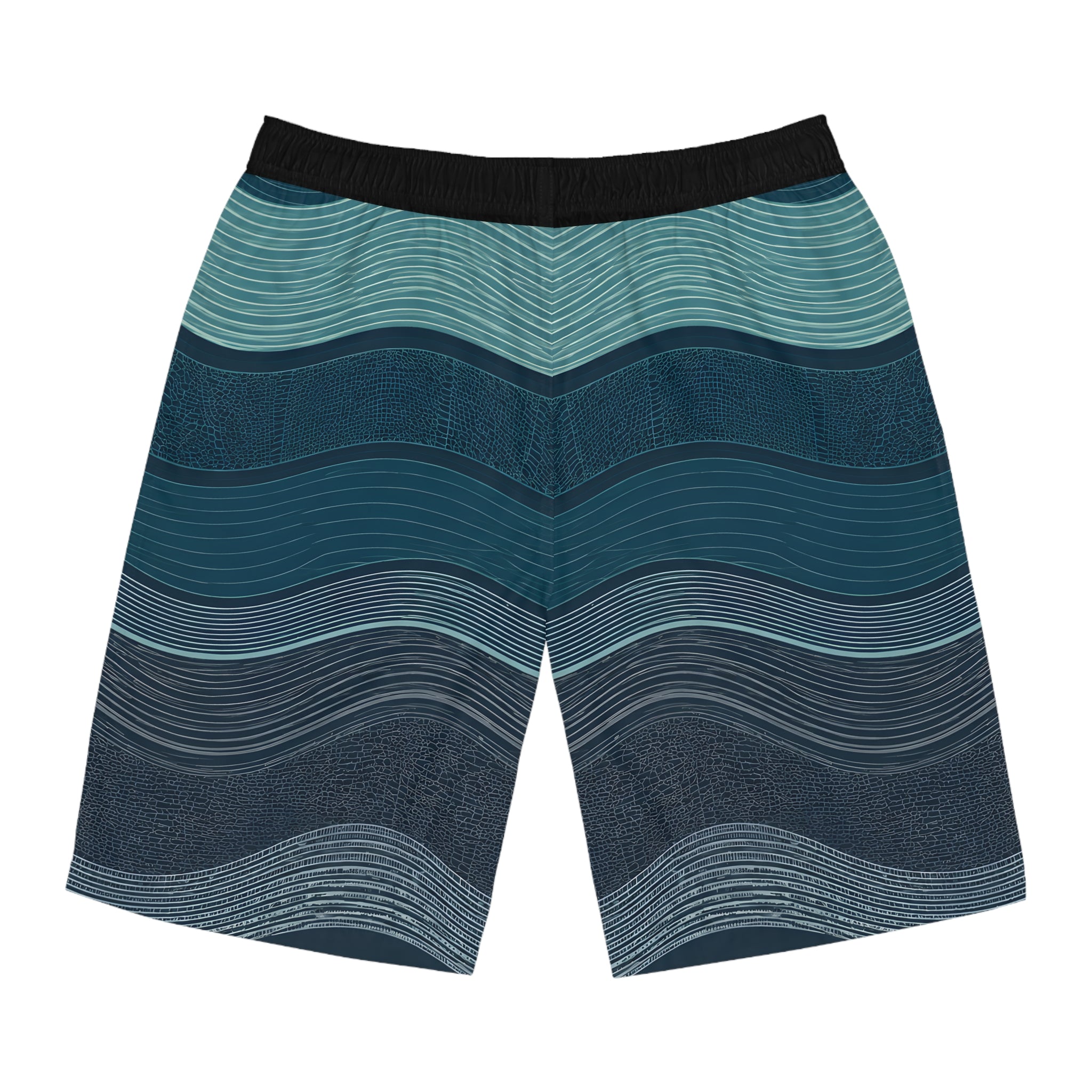 SparkyCA wave-print board shorts, flat lay view showing the layered teal wave pattern