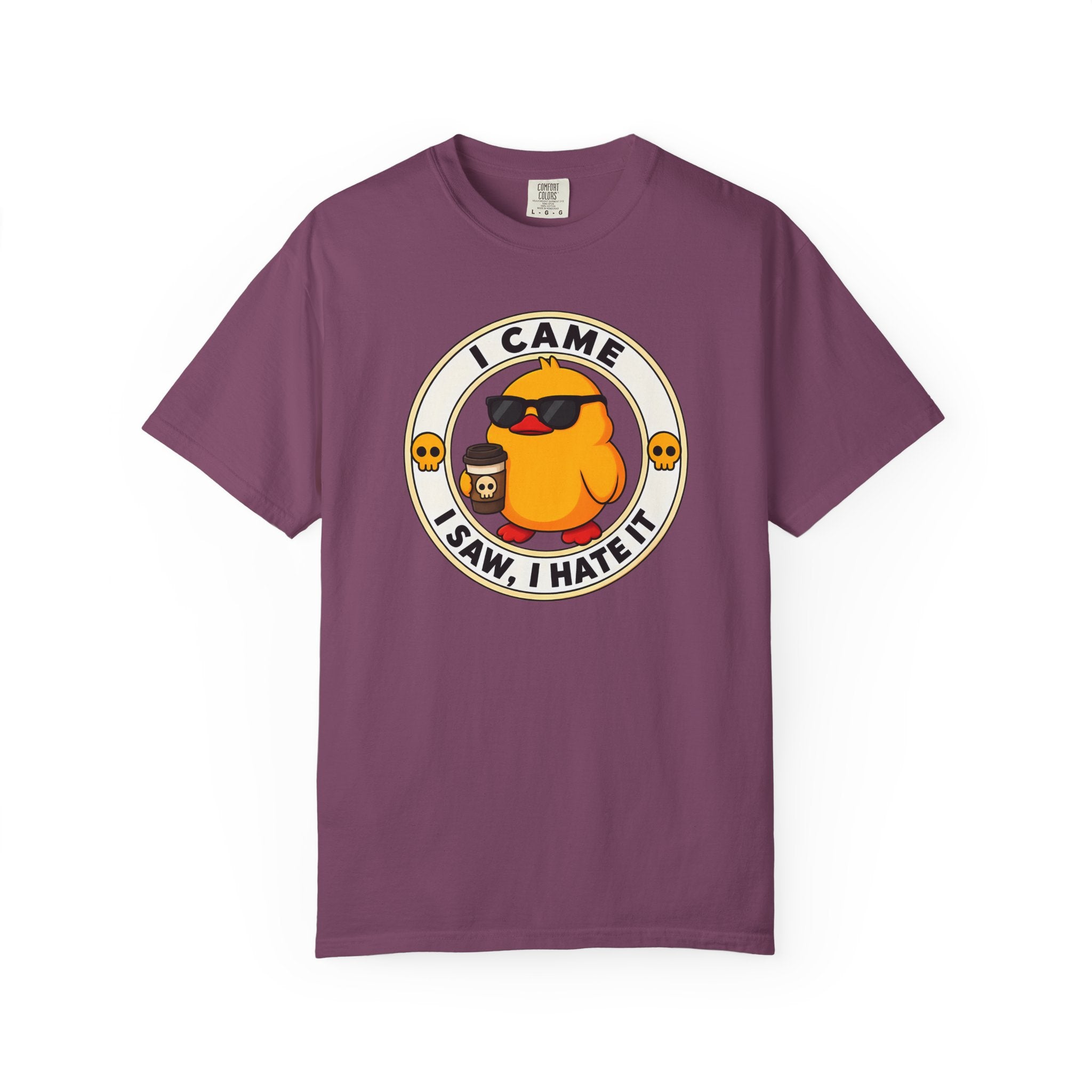 I Came, I Saw, I Hate It Duck Tee in Berry — front flat lay with graphic print