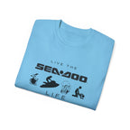 Live the Sea-Doo Life Tee in Sky blue — folded, full Sea-Doo graphic print visible