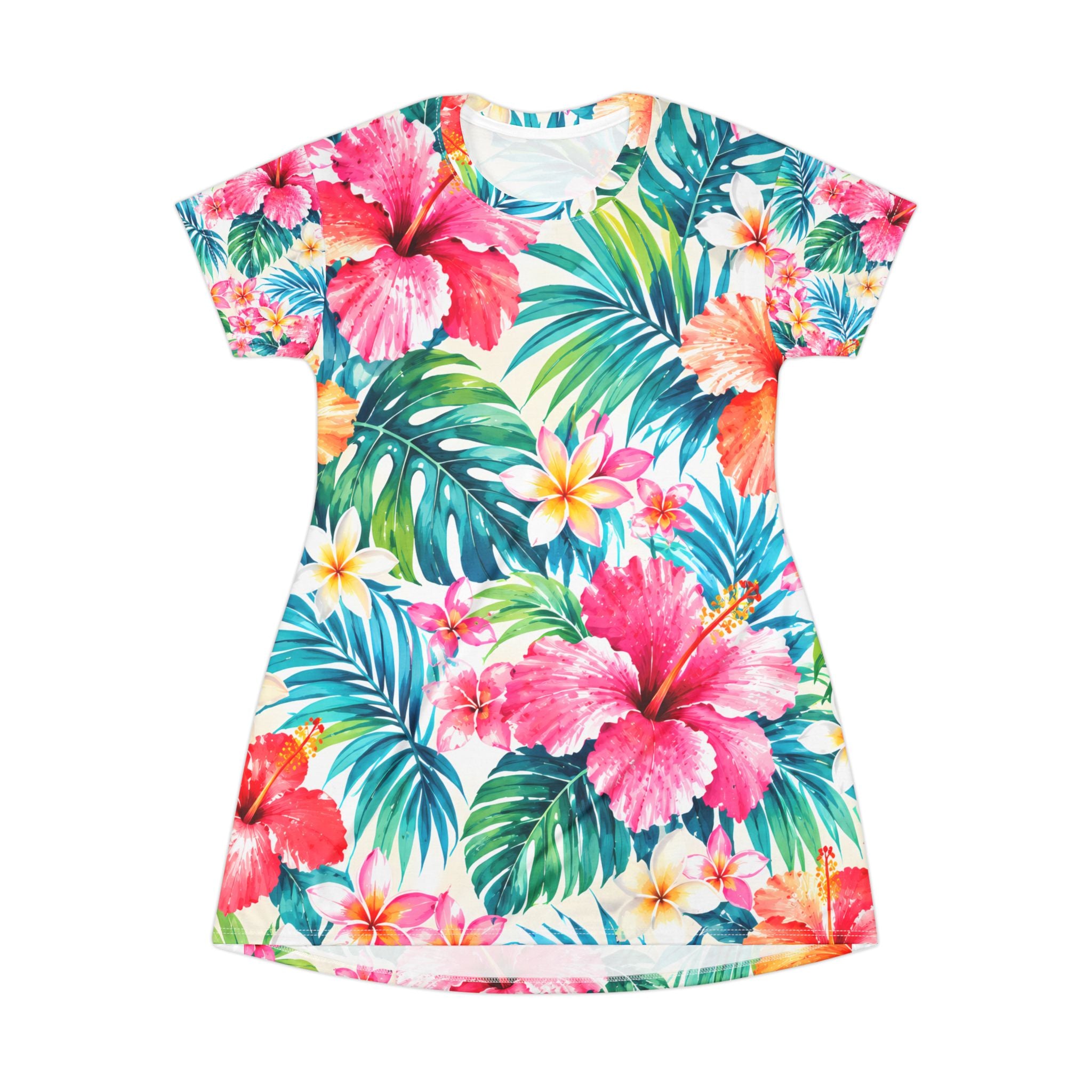 T-Shirt Dress - Tropical Hibiscus All-Over Print Beach Dress