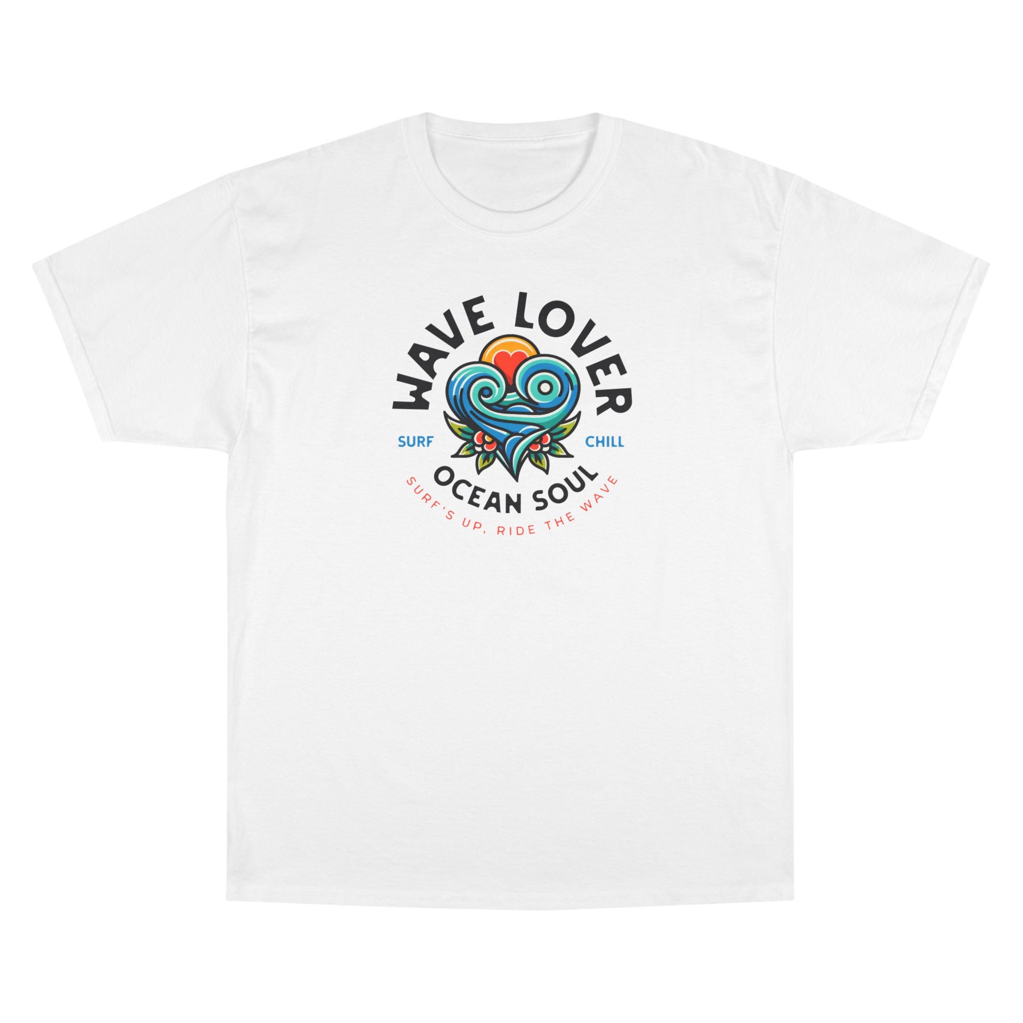 Wave Lover Ocean Soul Tee in White — front flat lay with graphic print