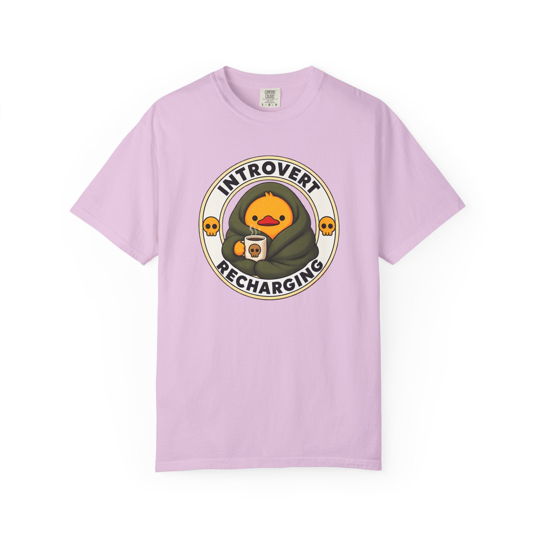 Introvert Duck Tee in Orchid — front flat lay with graphic print