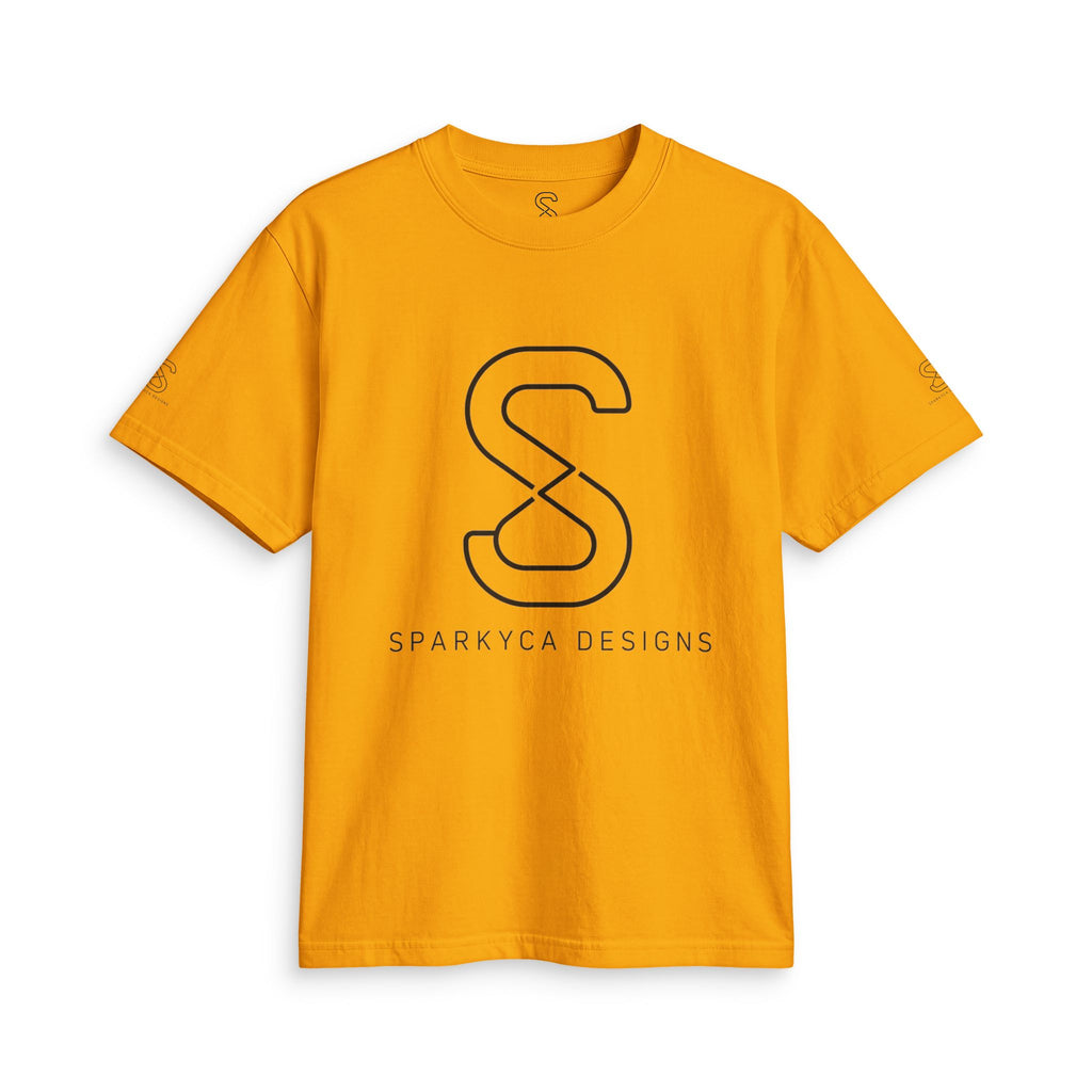 Golden orange SparkyCA logo tee, front flat lay with black outline S logo and wordmark