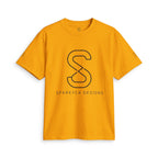 Golden orange SparkyCA logo tee, front flat lay with black outline S logo and wordmark