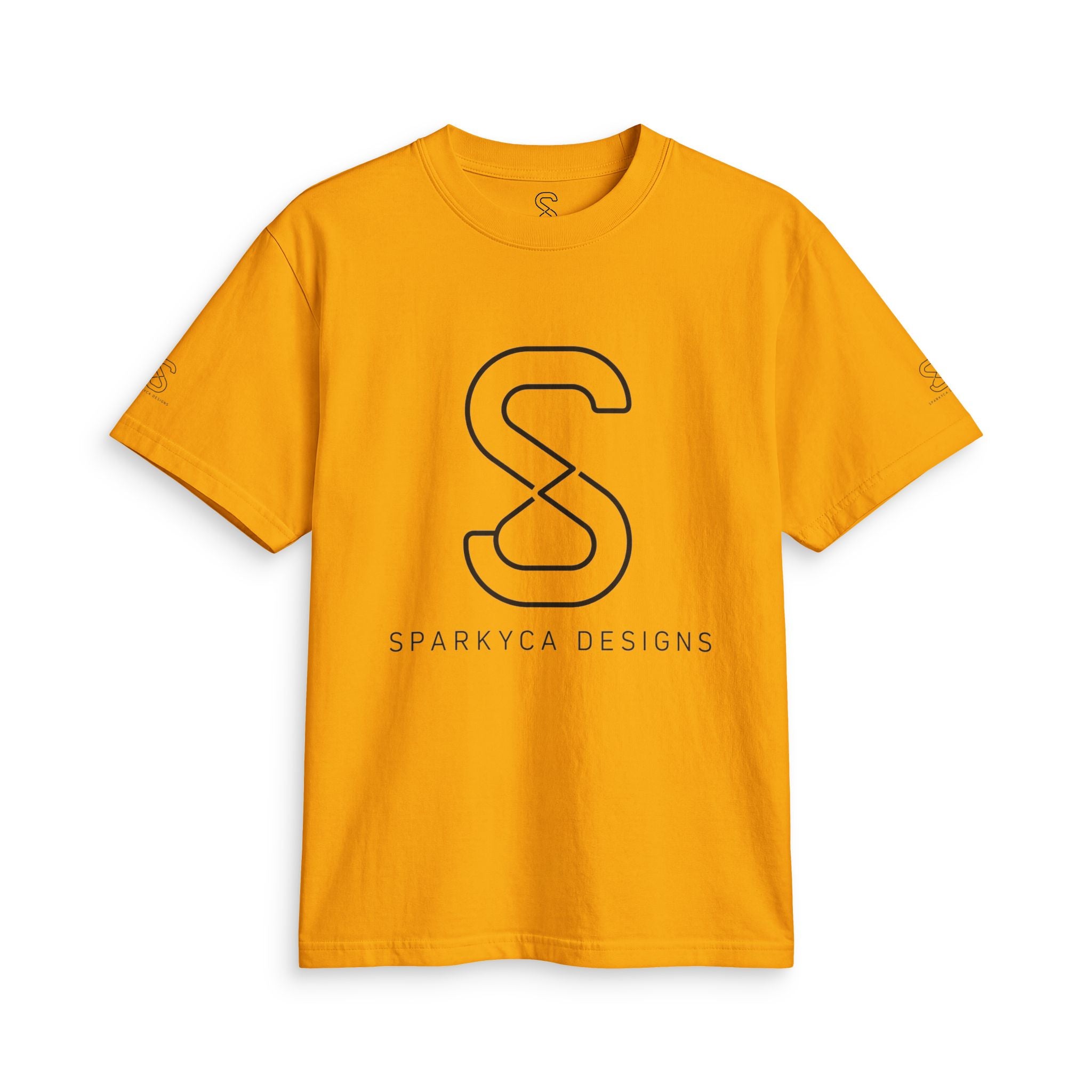Golden orange SparkyCA logo tee, front flat lay with black outline S logo and wordmark