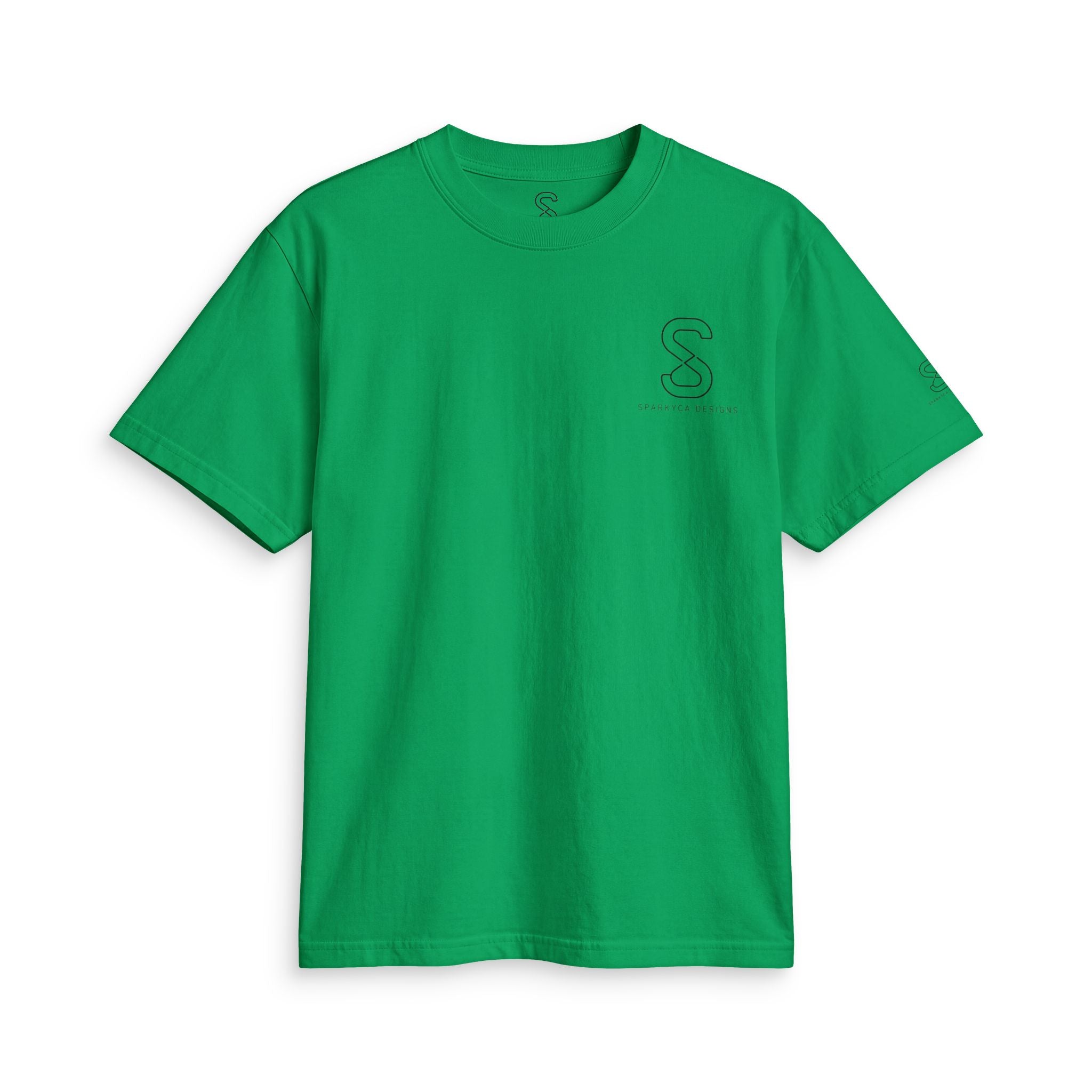 SparkyCA Designs Classic Crewneck Tee in Kelly Green — front flat lay with chest logo