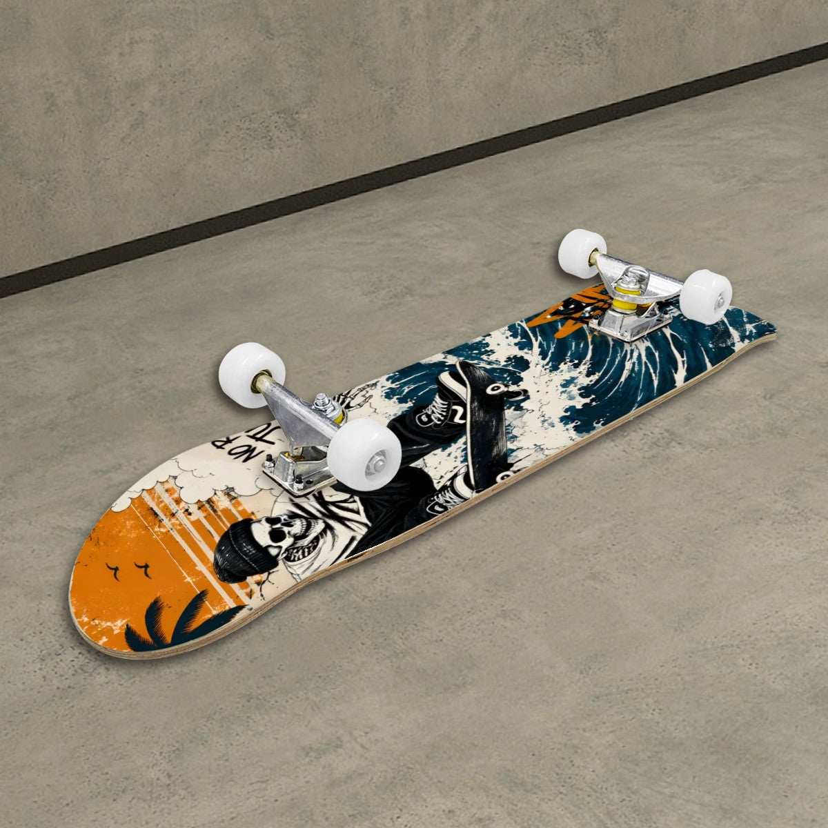 Skateboard resting on a concrete floor, angled view of the skeleton skater graphic