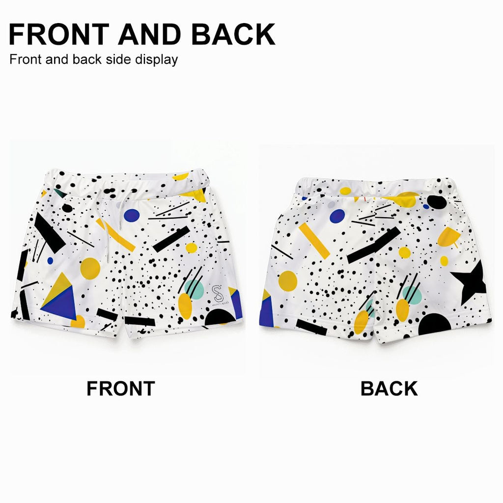 Front and back view of white geometric-print beach shorts laid flat