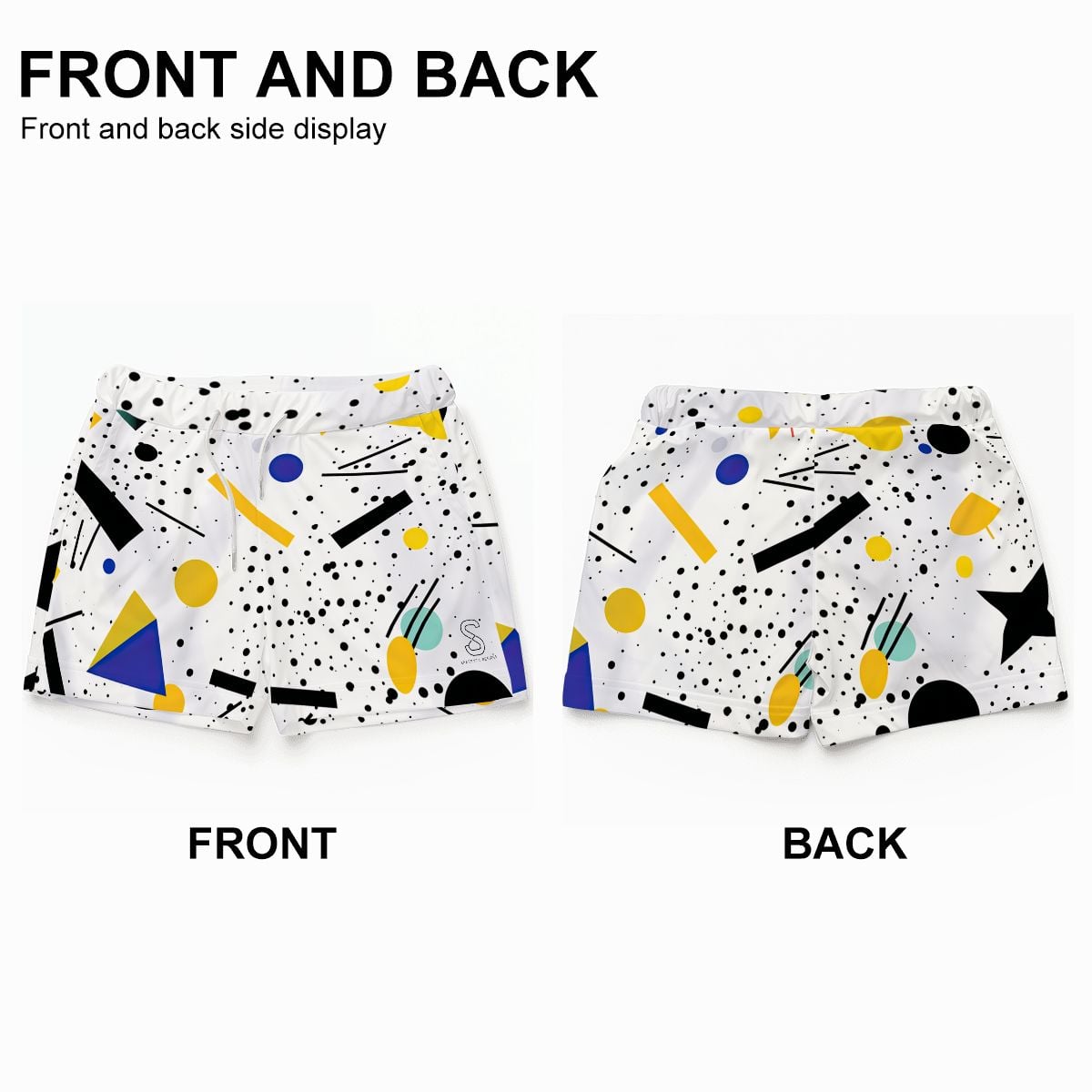 Front and back view of white geometric-print beach shorts laid flat