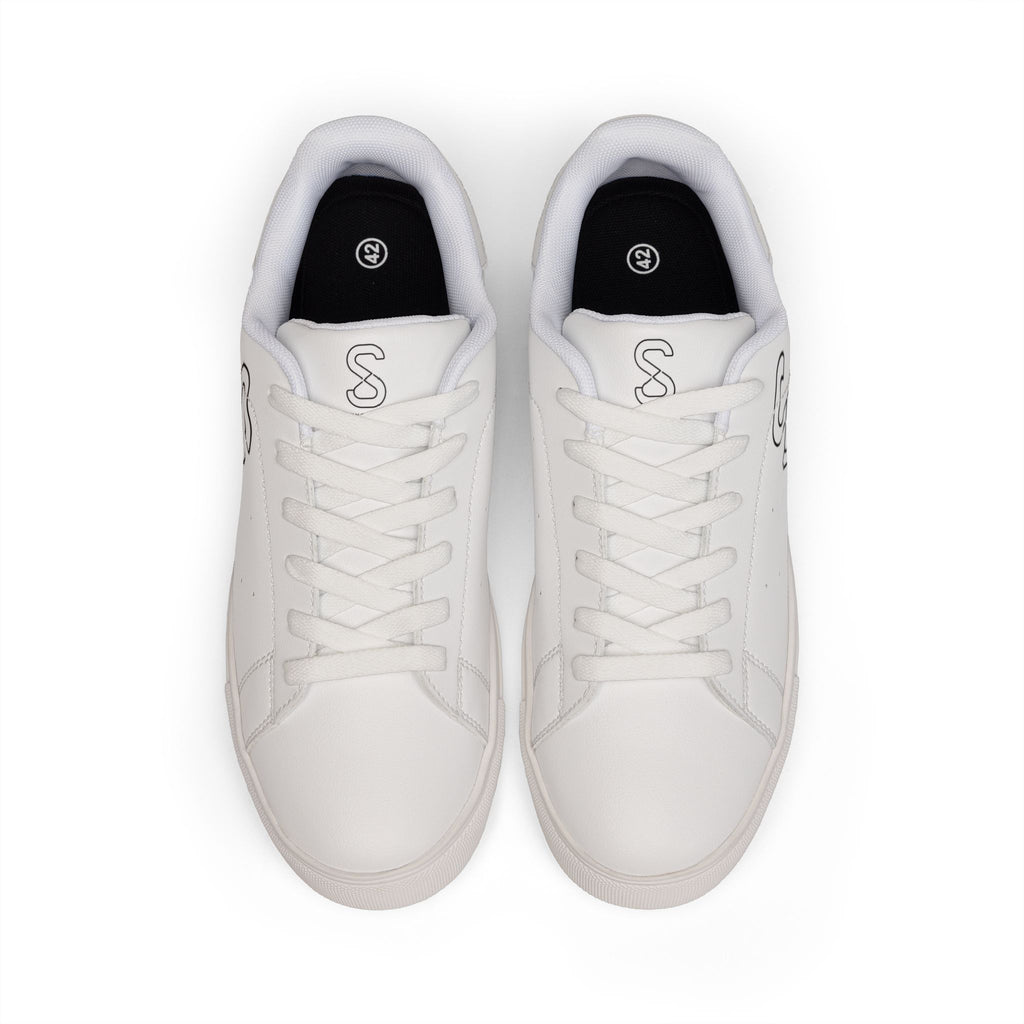 White leather sneakers, top-down view of the pair with black S logo on the tongue