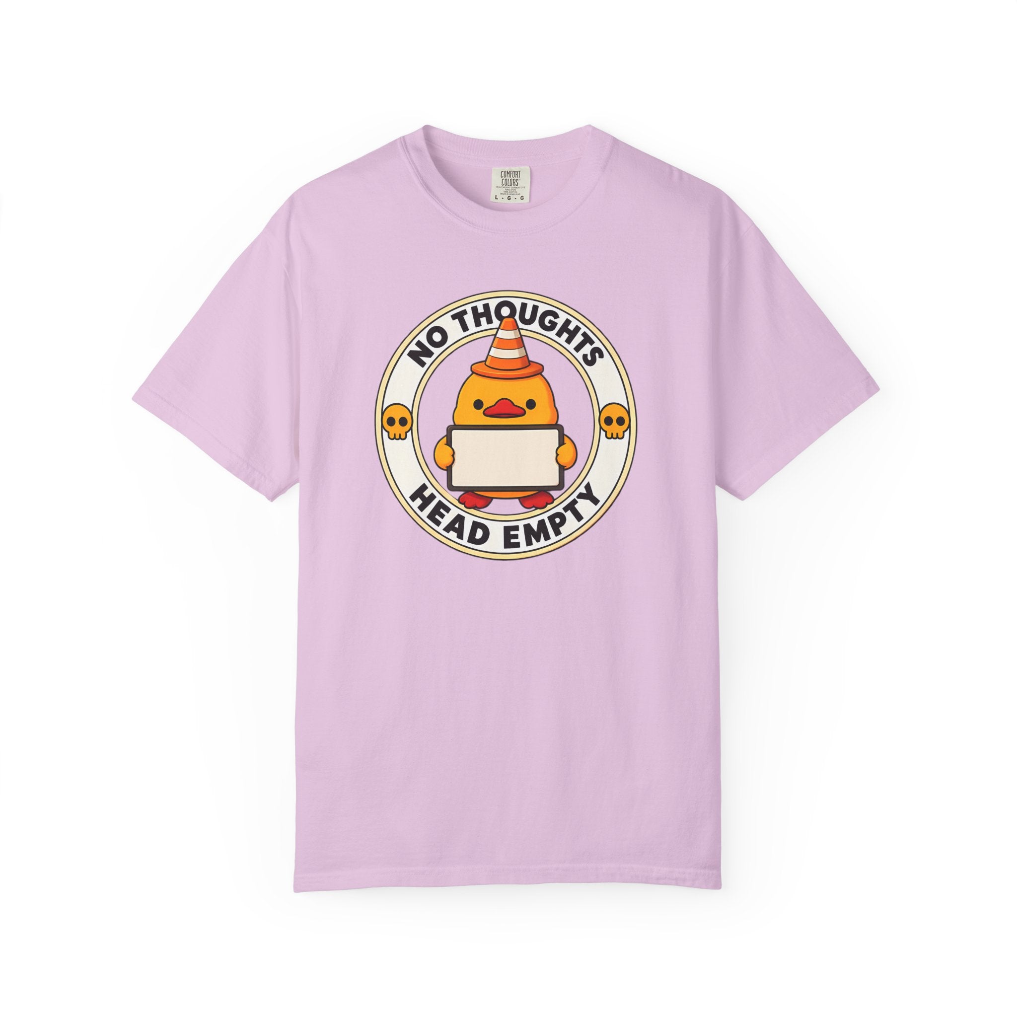 No Thoughts Head Empty Duck Tee in Orchid — front flat lay with graphic print