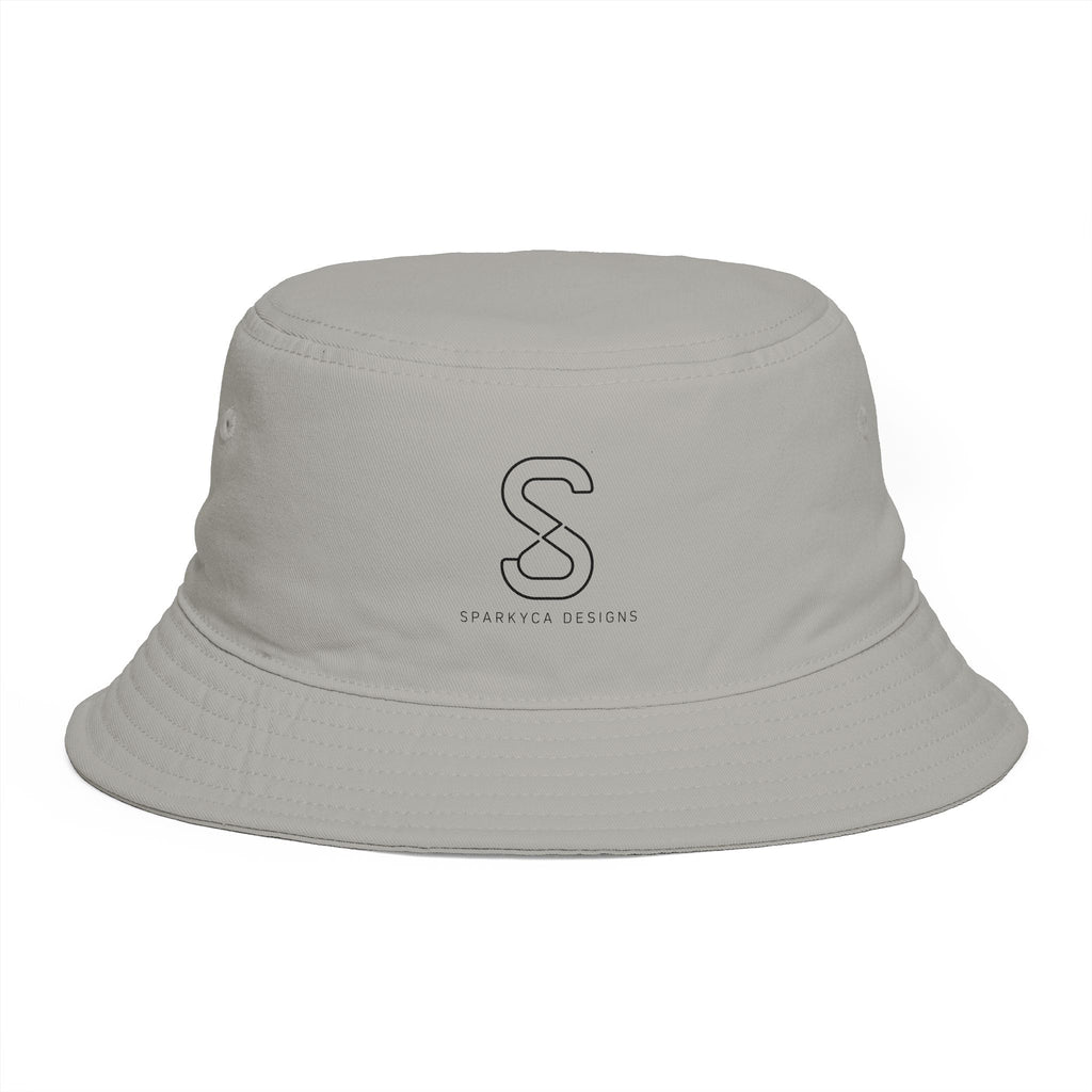 SparkyCA Bucket Hat in Storm grey — front view flat lay with embroidered S logo
