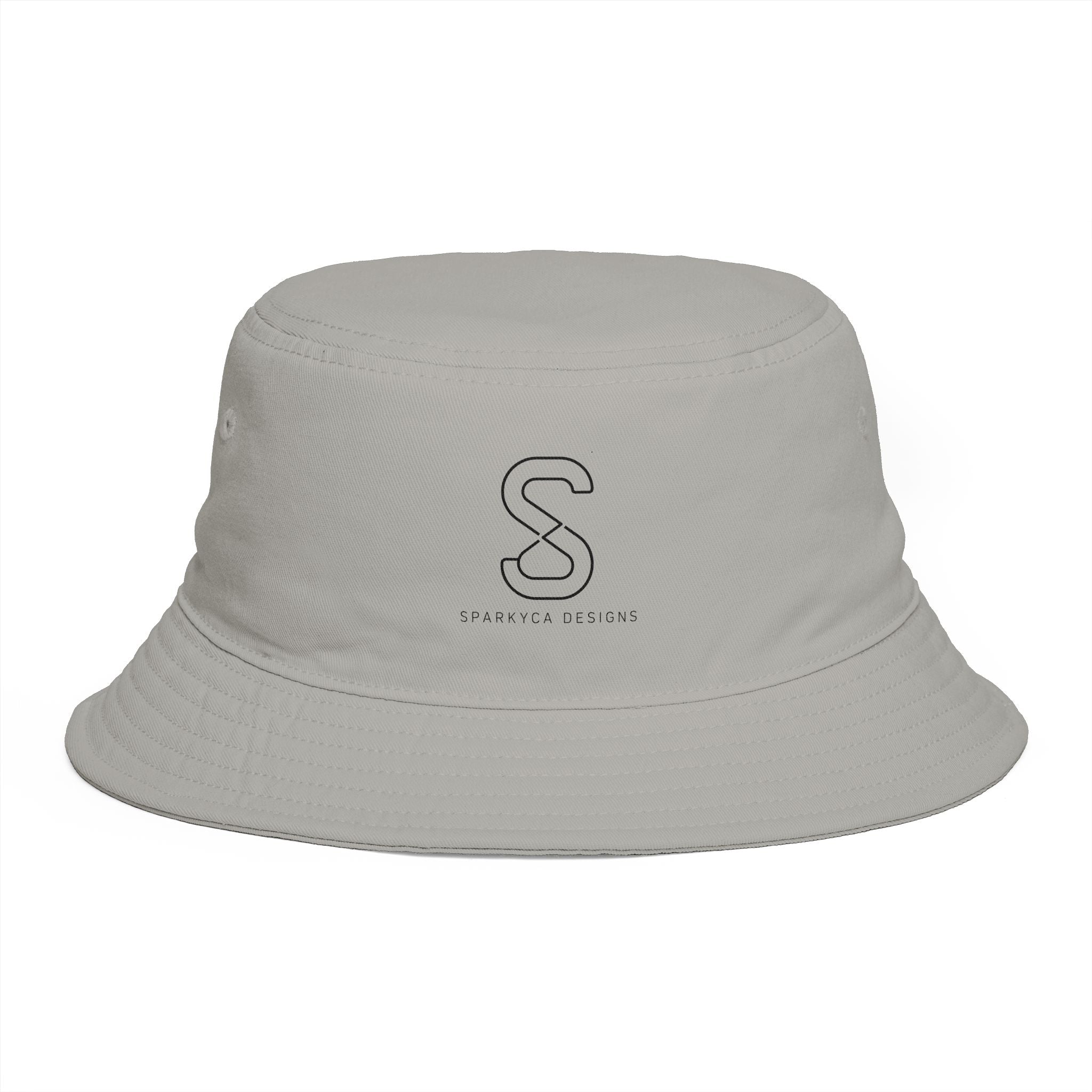 SparkyCA Bucket Hat in Storm grey — front view flat lay with embroidered S logo