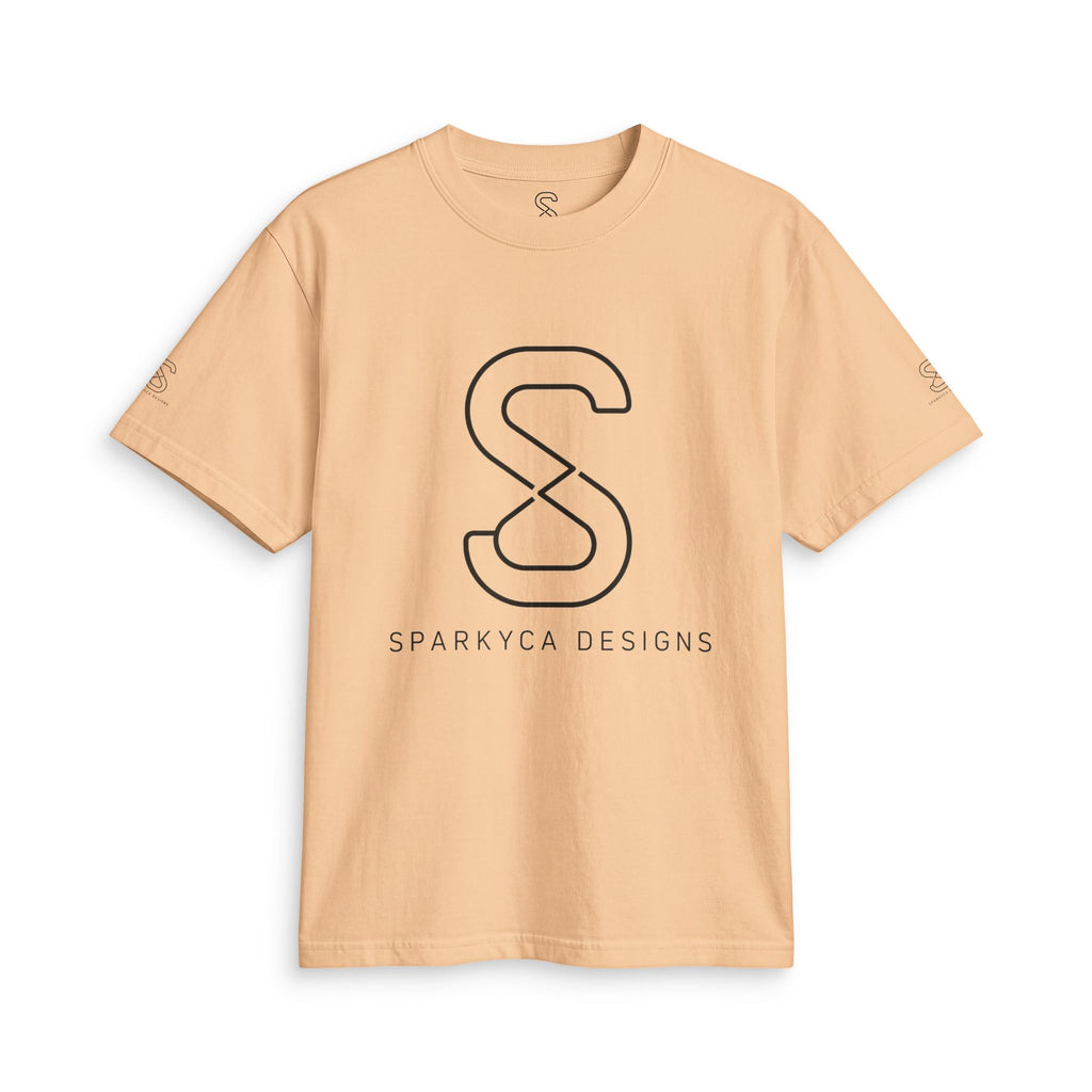 Tan SparkyCA logo tee, front flat lay with black outline S logo and wordmark