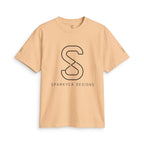 Tan SparkyCA logo tee, front flat lay with black outline S logo and wordmark