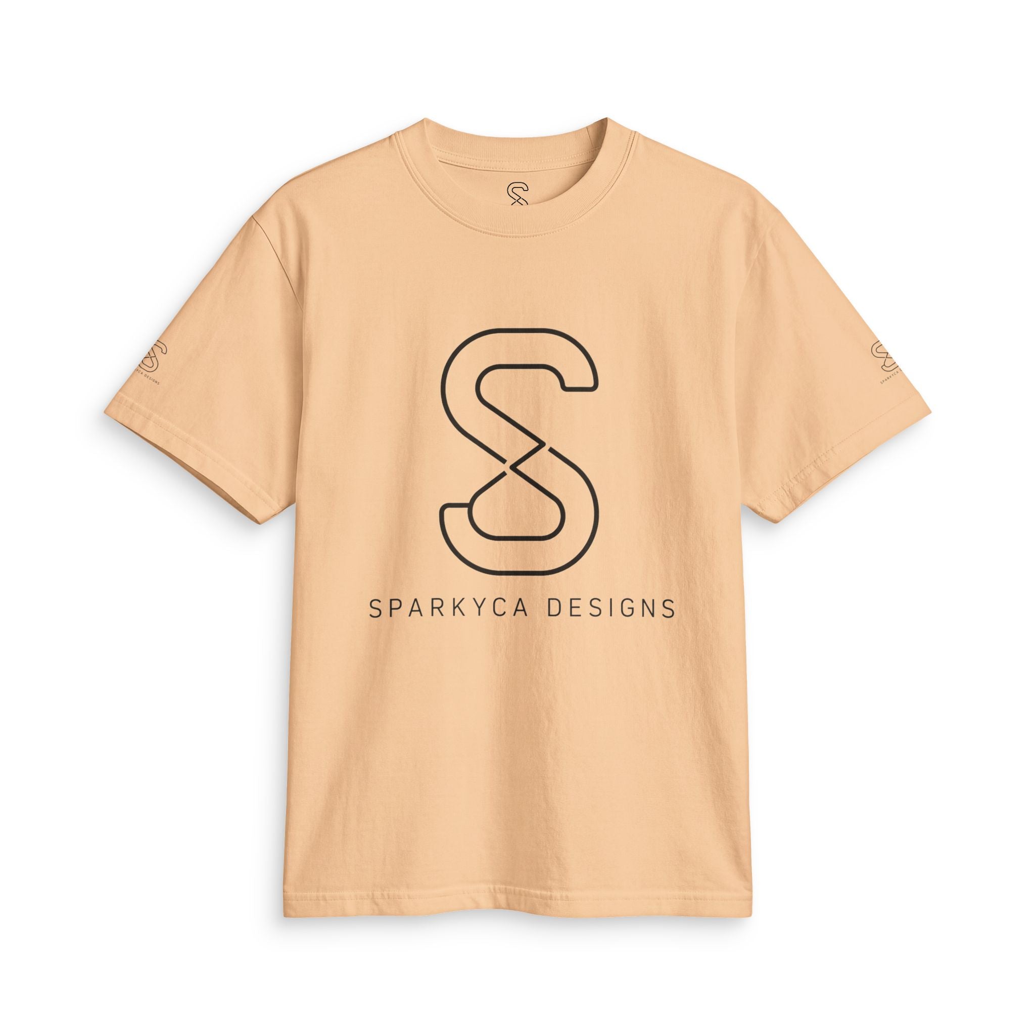 Tan SparkyCA logo tee, front flat lay with black outline S logo and wordmark