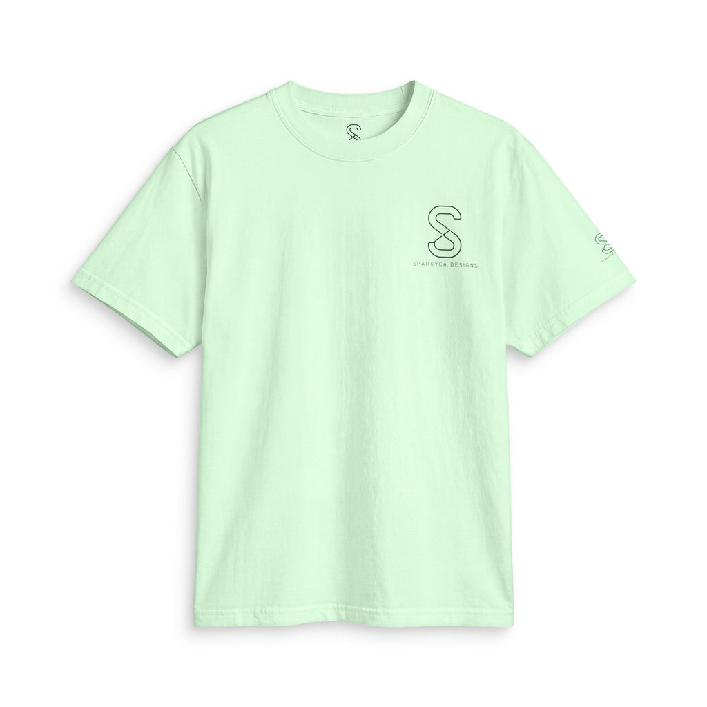 SparkyCA Designs Classic Crewneck Tee in Safety Green — front flat lay with chest logo