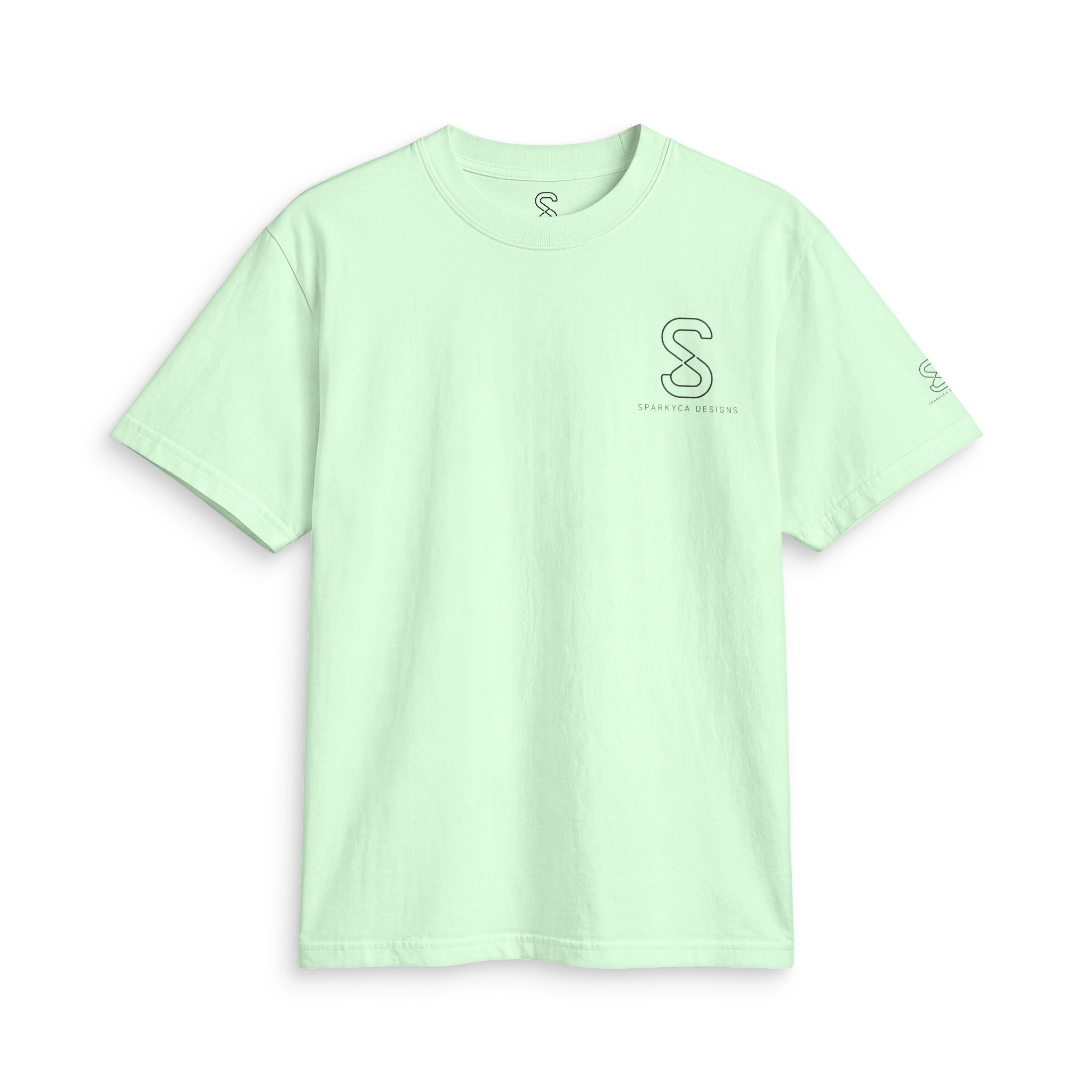 SparkyCA Designs Classic Crewneck Tee in Safety Green — front flat lay with chest logo