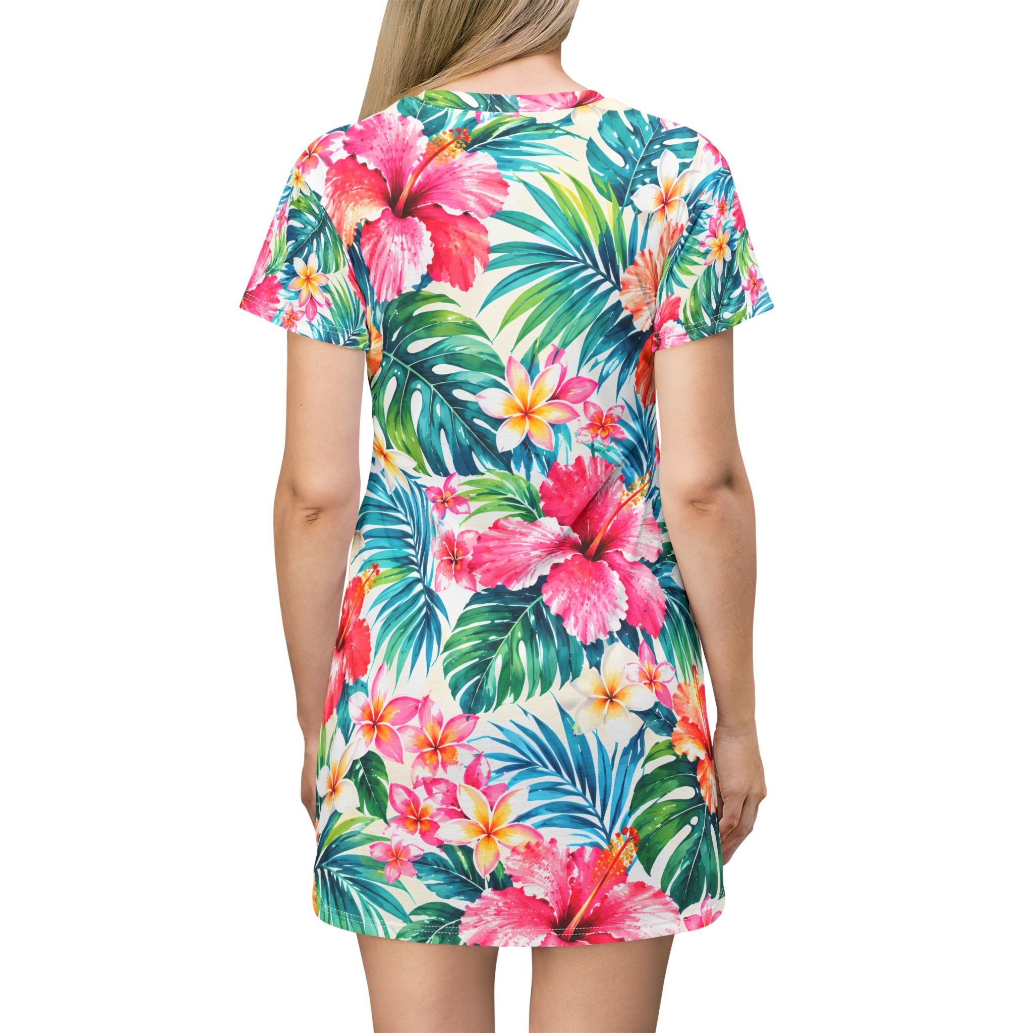 T-Shirt Dress - Tropical Hibiscus All-Over Print Beach Dress