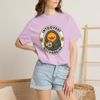 Woman wearing the Introvert Duck Tee in Orchid, close-up front view