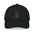 Organic Embroidered Baseball Cap in Black — front view flat lay with embroidered S logo