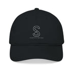 Organic Embroidered Baseball Cap in Black — front view flat lay with embroidered S logo