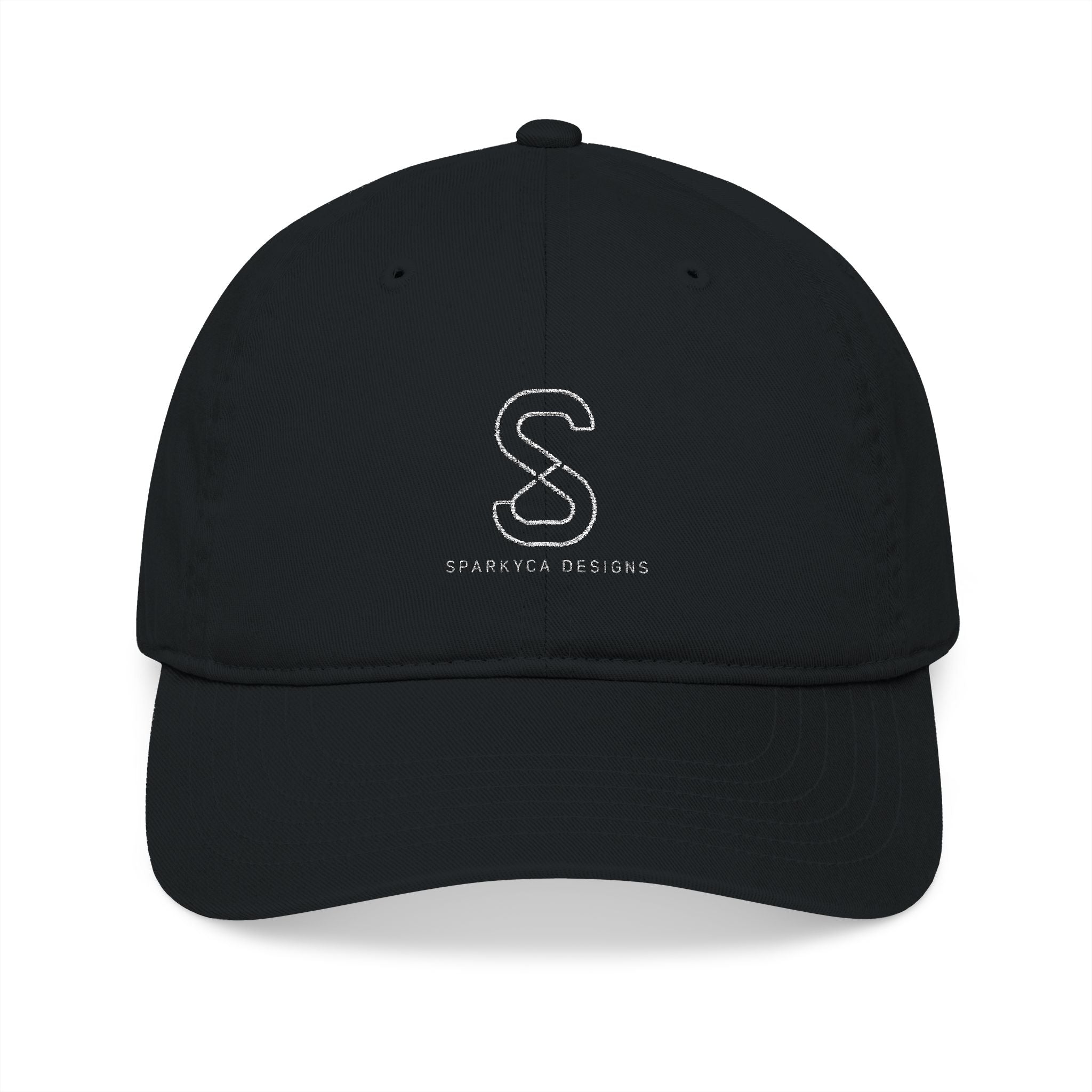 Organic Embroidered Baseball Cap in Black — front view flat lay with embroidered S logo