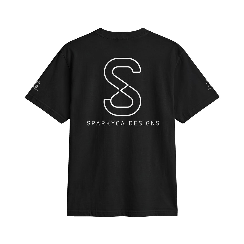 SparkyCA Logo Tee in Black — back view showing the large SparkyCA Designs S logo print