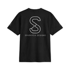 SparkyCA Logo Tee in Black — back view showing the large SparkyCA Designs S logo print