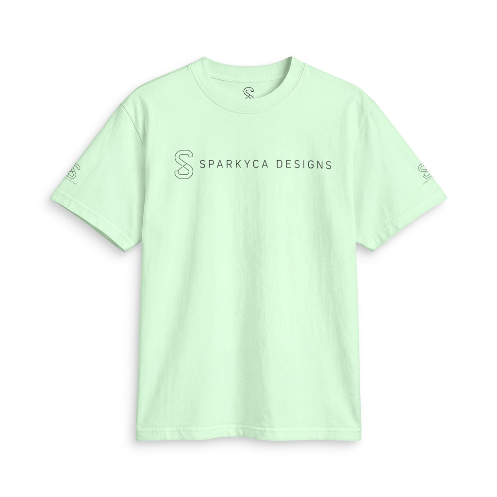 Pale sage green SparkyCA t-shirt, flat lay front view