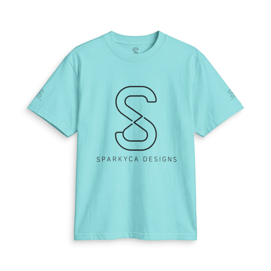 Teal SparkyCA logo tee, front flat lay with dark outline S logo and wordmark