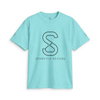 Teal SparkyCA logo tee, front flat lay with dark outline S logo and wordmark