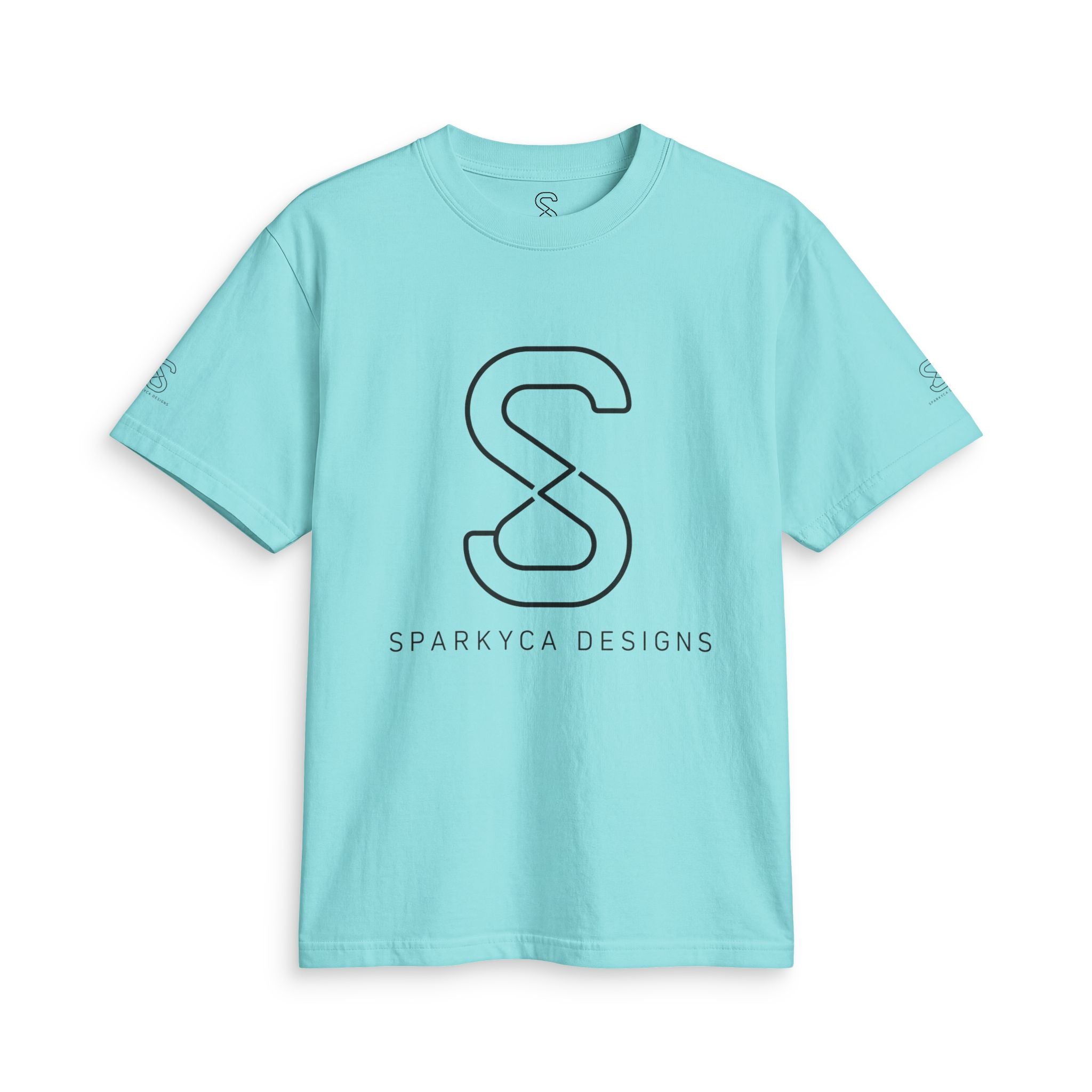 Teal SparkyCA logo tee, front flat lay with dark outline S logo and wordmark