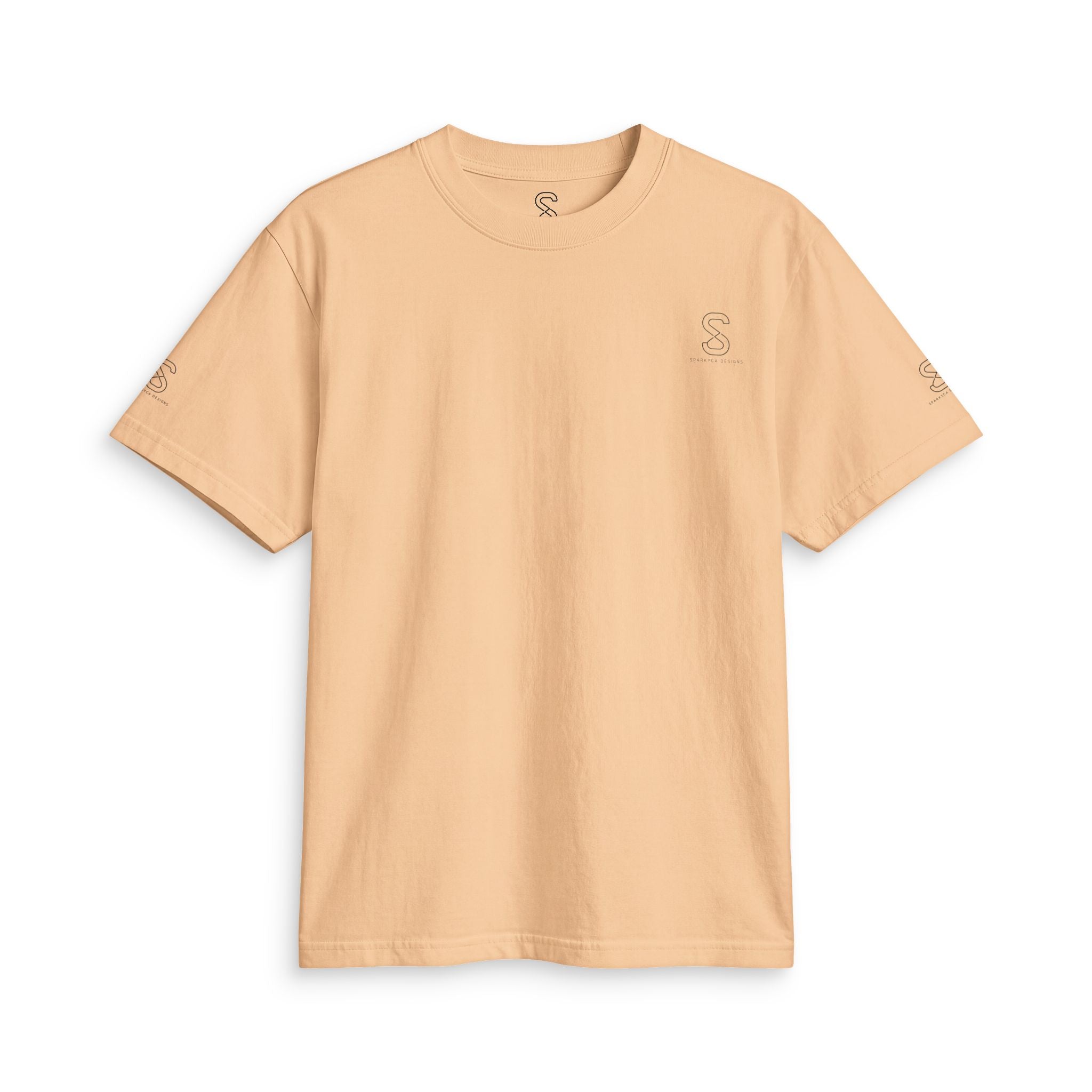 SparkyCA Logo Tee in Khaki — front flat lay with chest logo and matching sleeve print
